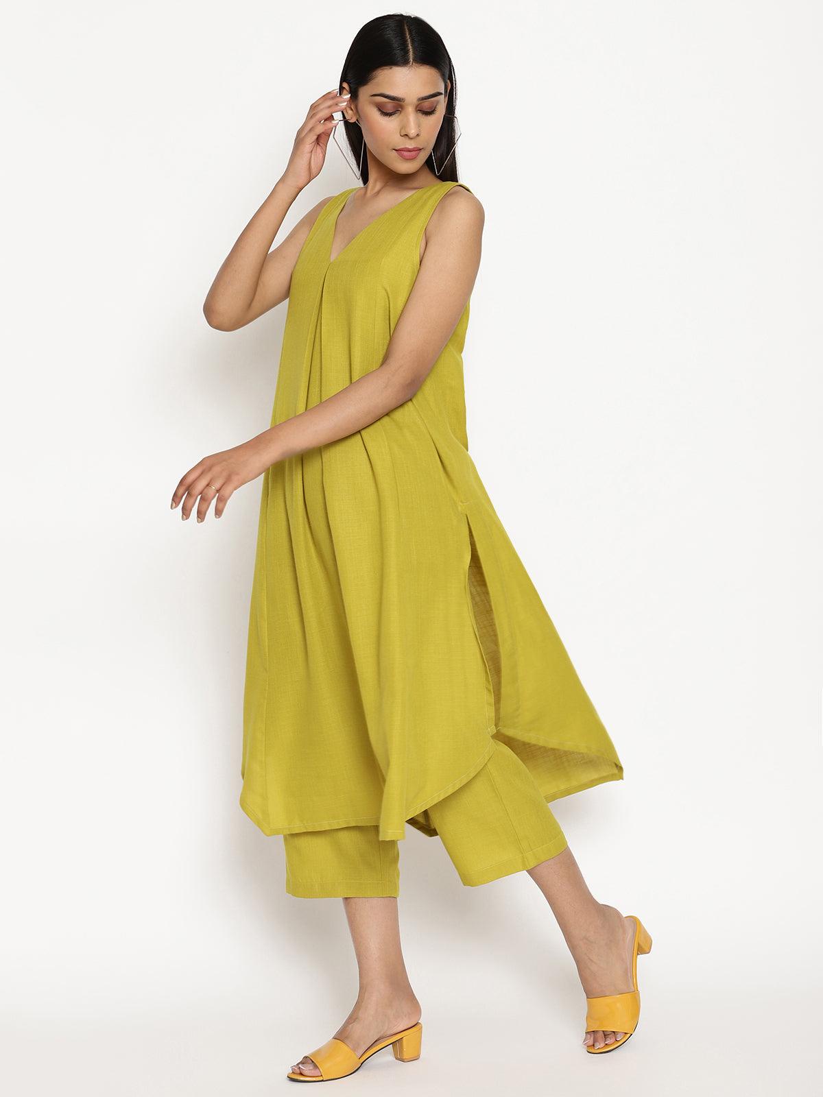 Cotton Linen Lime Green Sleeveless Flared Kurta Pant Set - trueBrowns