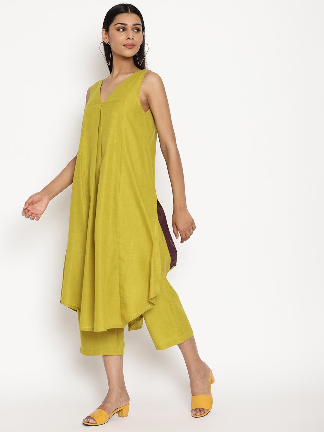 Cotton Linen Lime Green Sleeveless Flared Kurta Pant Set - trueBrowns