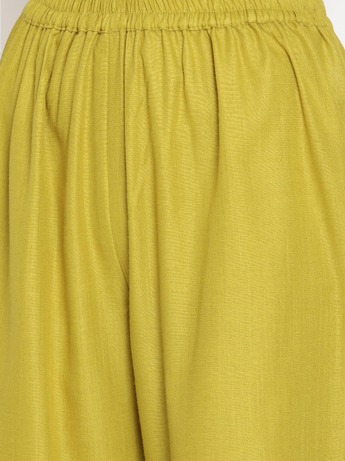 Cotton Linen Lime Green Sleeveless Flared Kurta Pant Set - trueBrowns