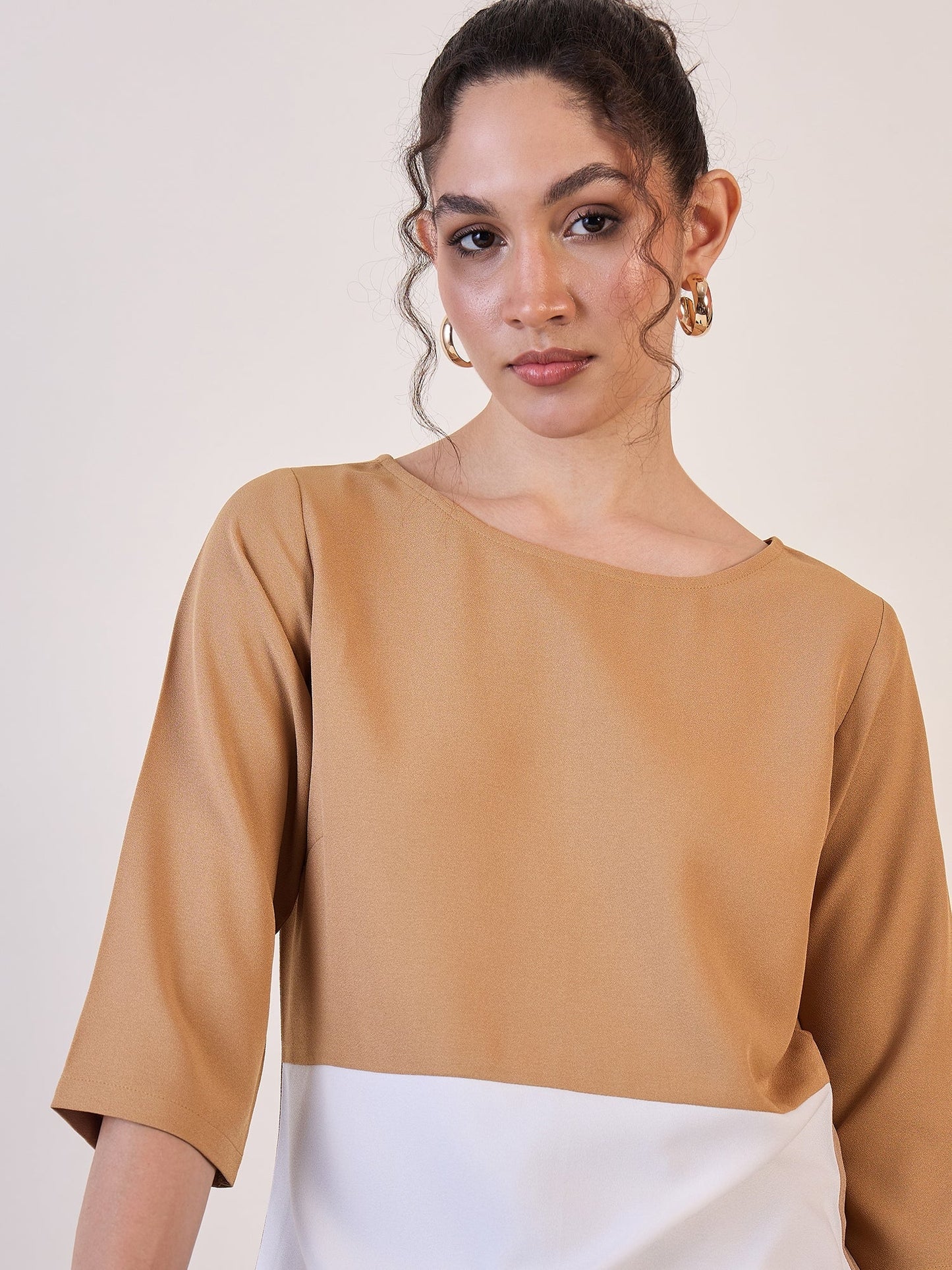 PowerSutra Beige And White Colourblock Top