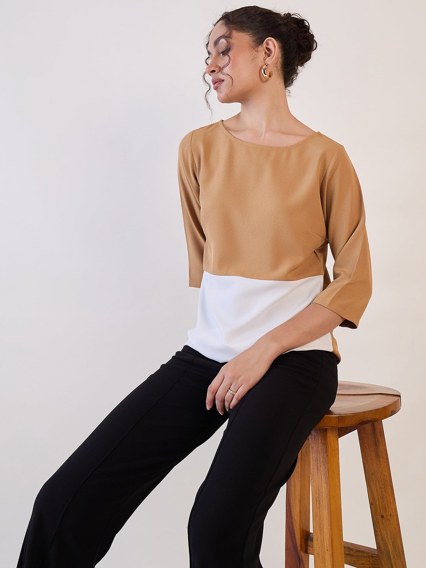 PowerSutra Beige And White Colourblock Top