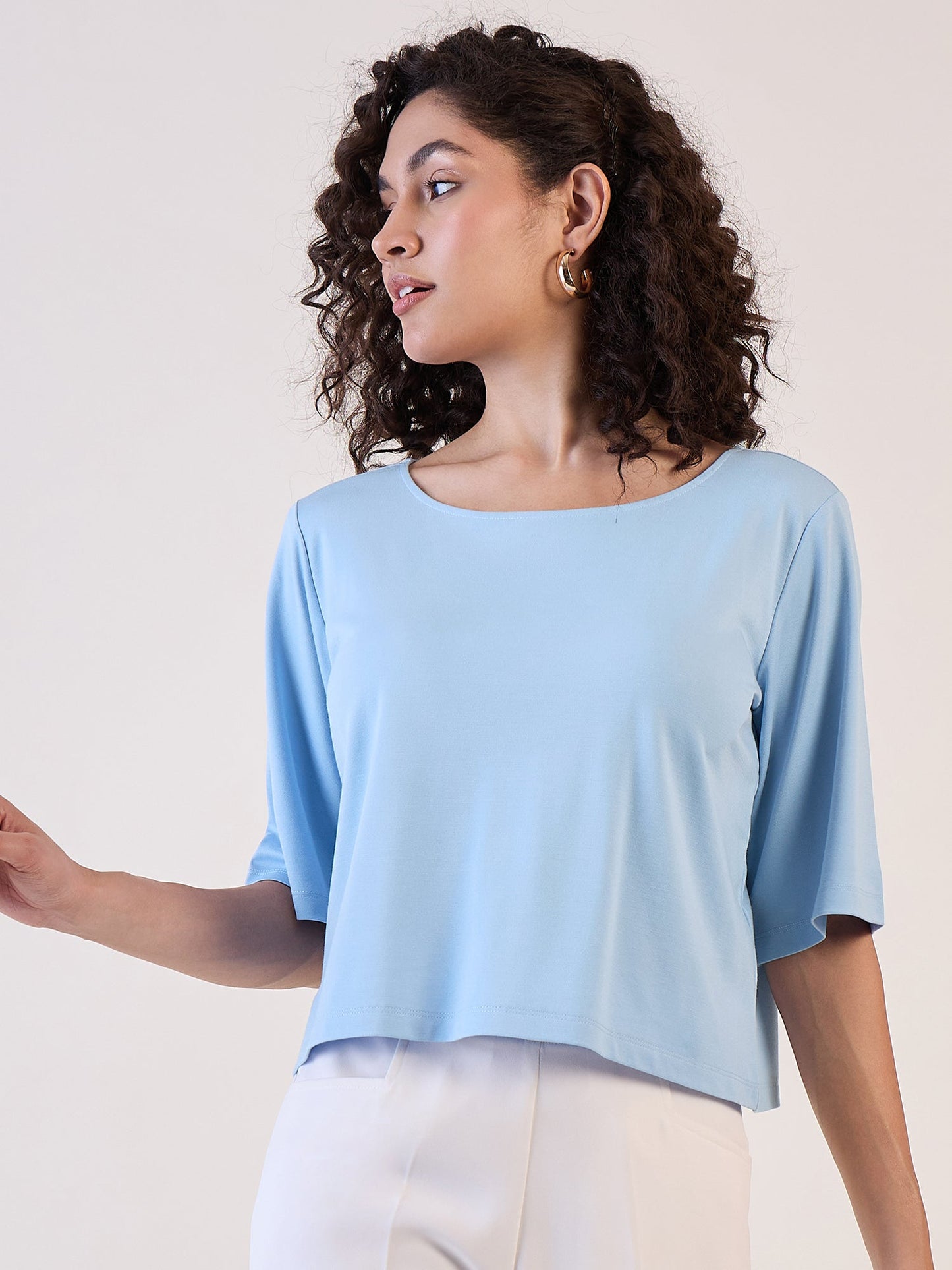 PowerSutra Blue Boat Neck Boxy Fit Crop Top