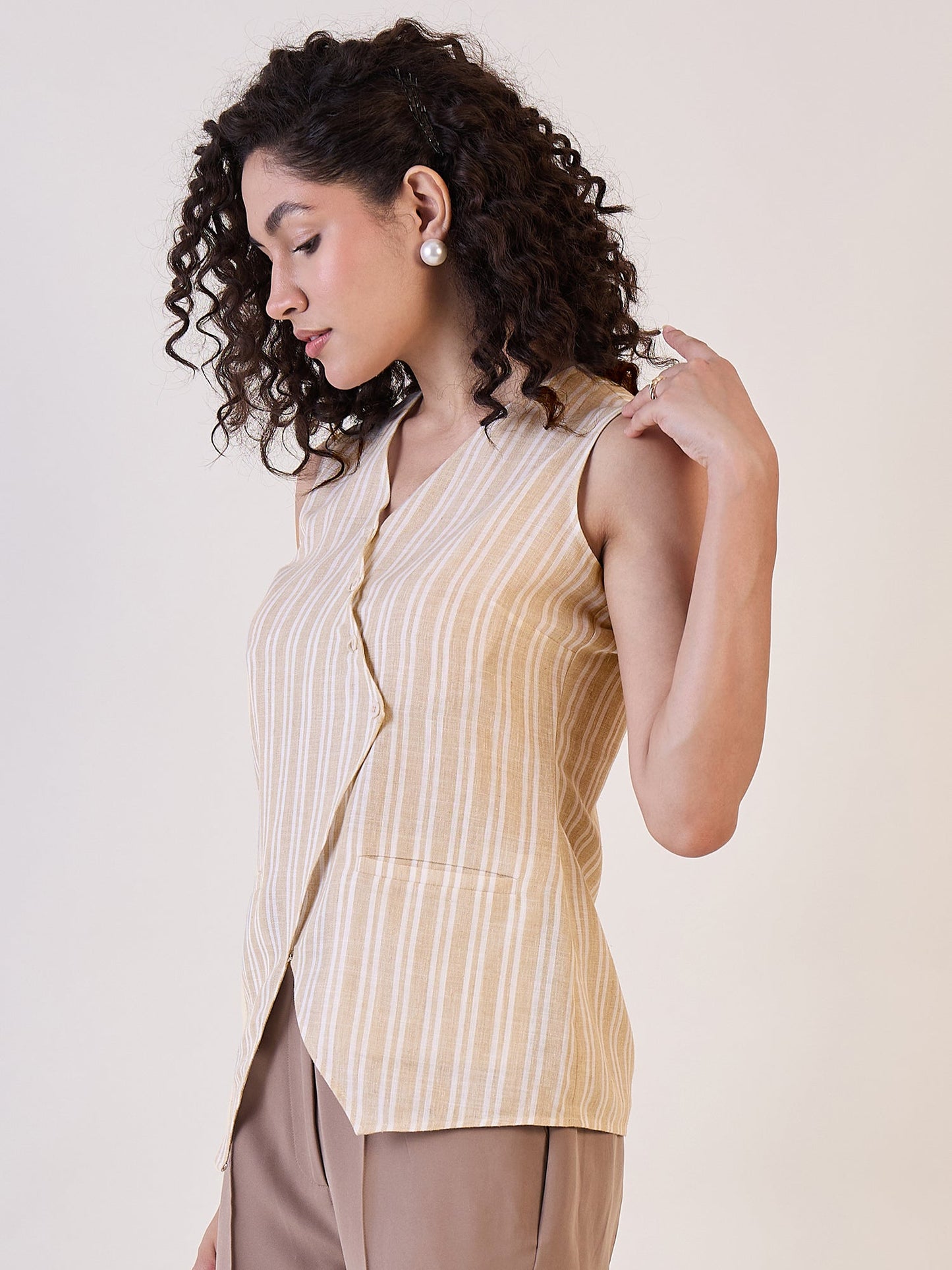 PowerSutra Beige Stripe Sleeveless Vest Top
