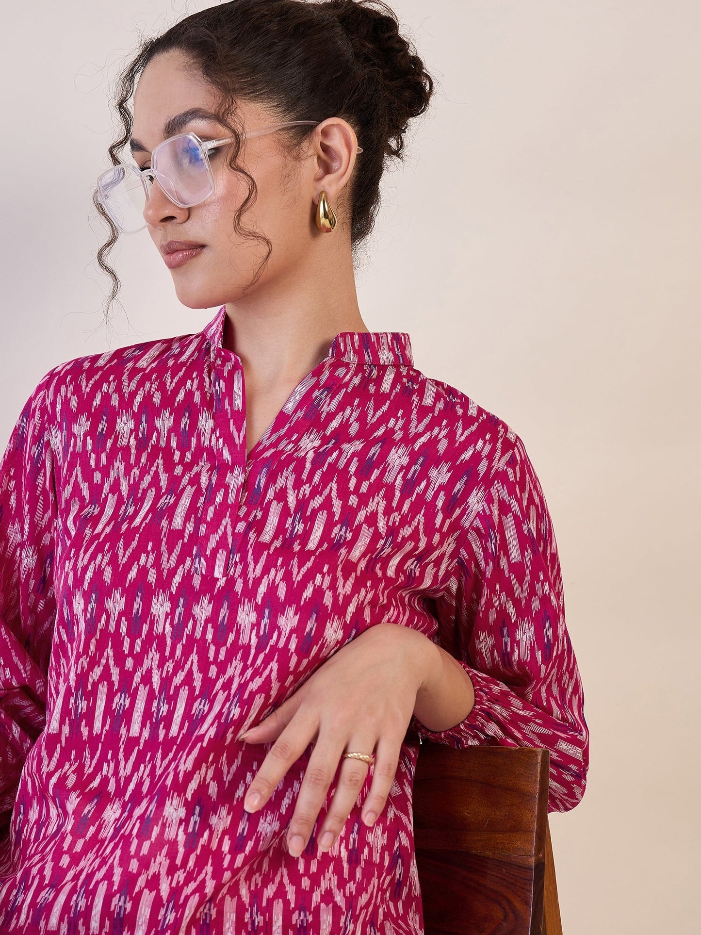 Pink Ikat Print Basic Top