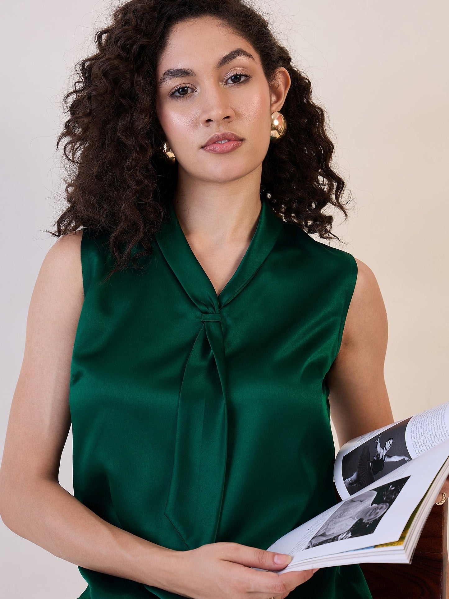 PowerSutra Green Satin Tie Collar Neck Top