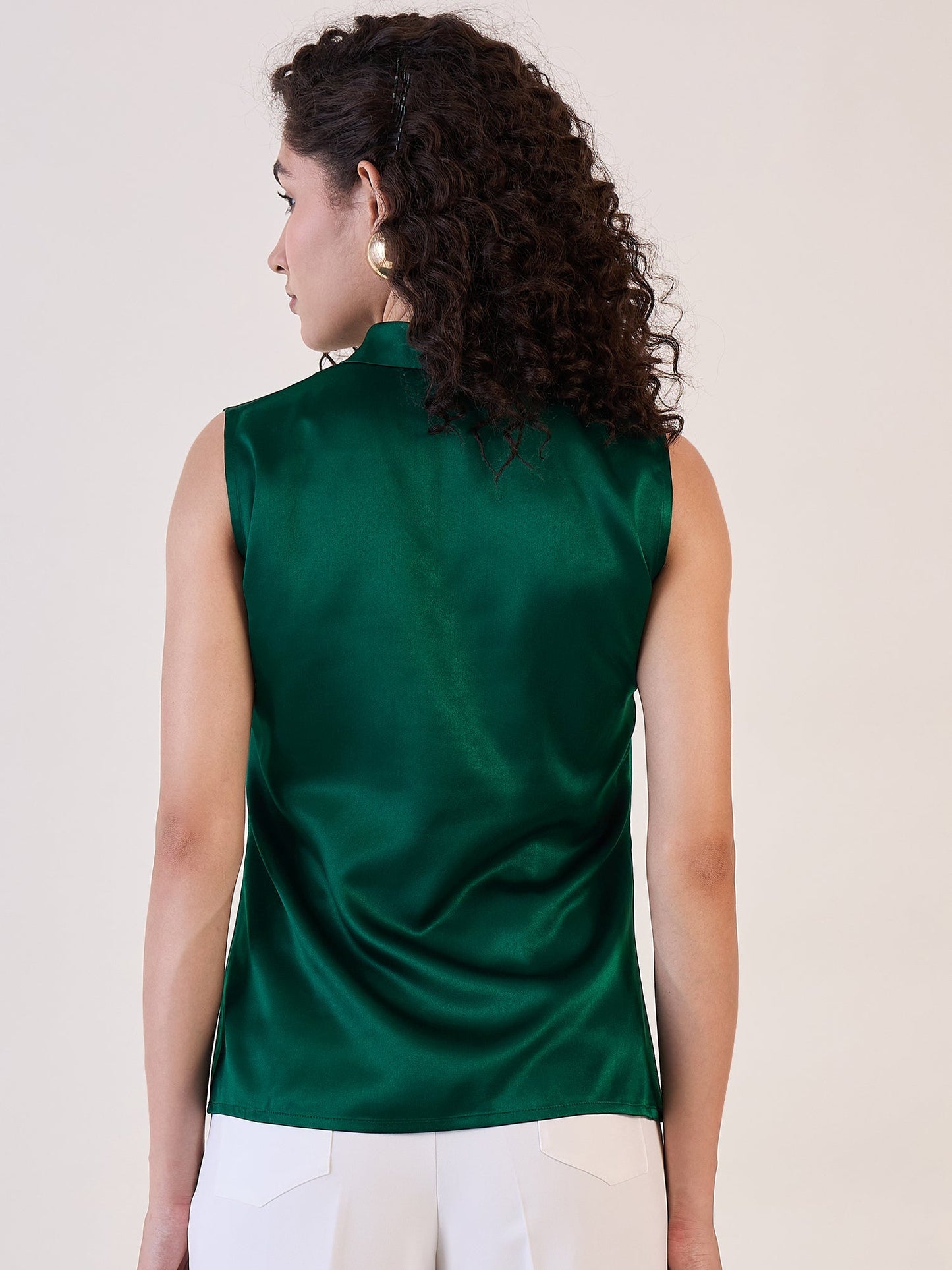 PowerSutra Green Satin Tie Collar Neck Top