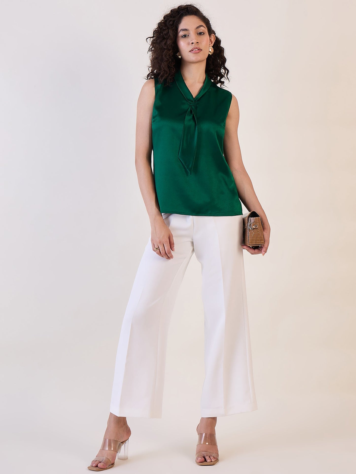 PowerSutra Green Satin Tie Collar Neck Top
