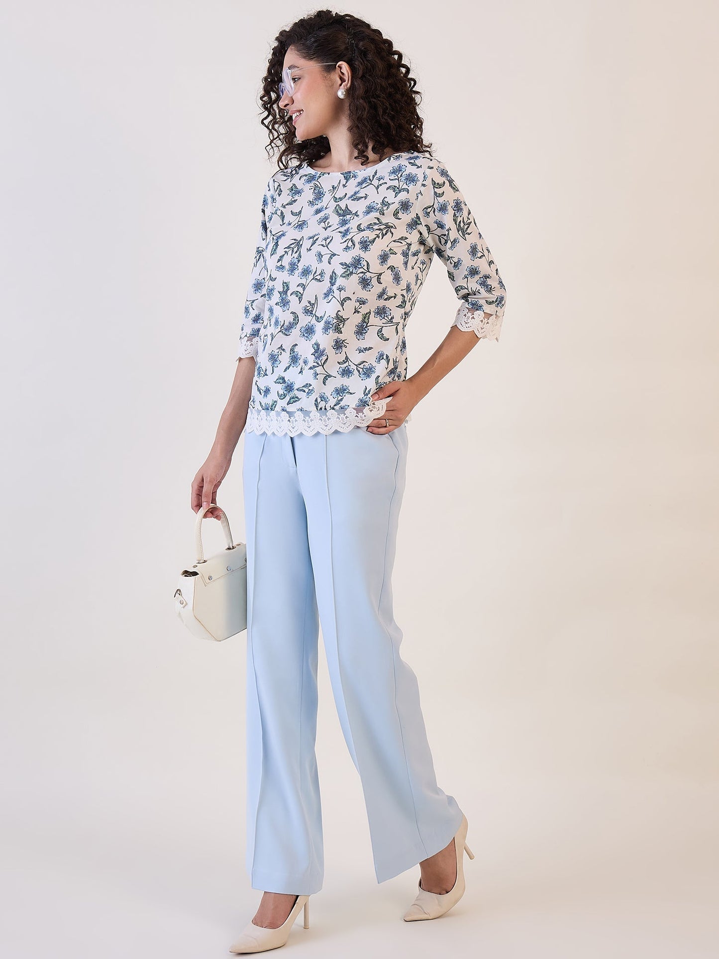 PowerSutra White Floral Boat Neck Top