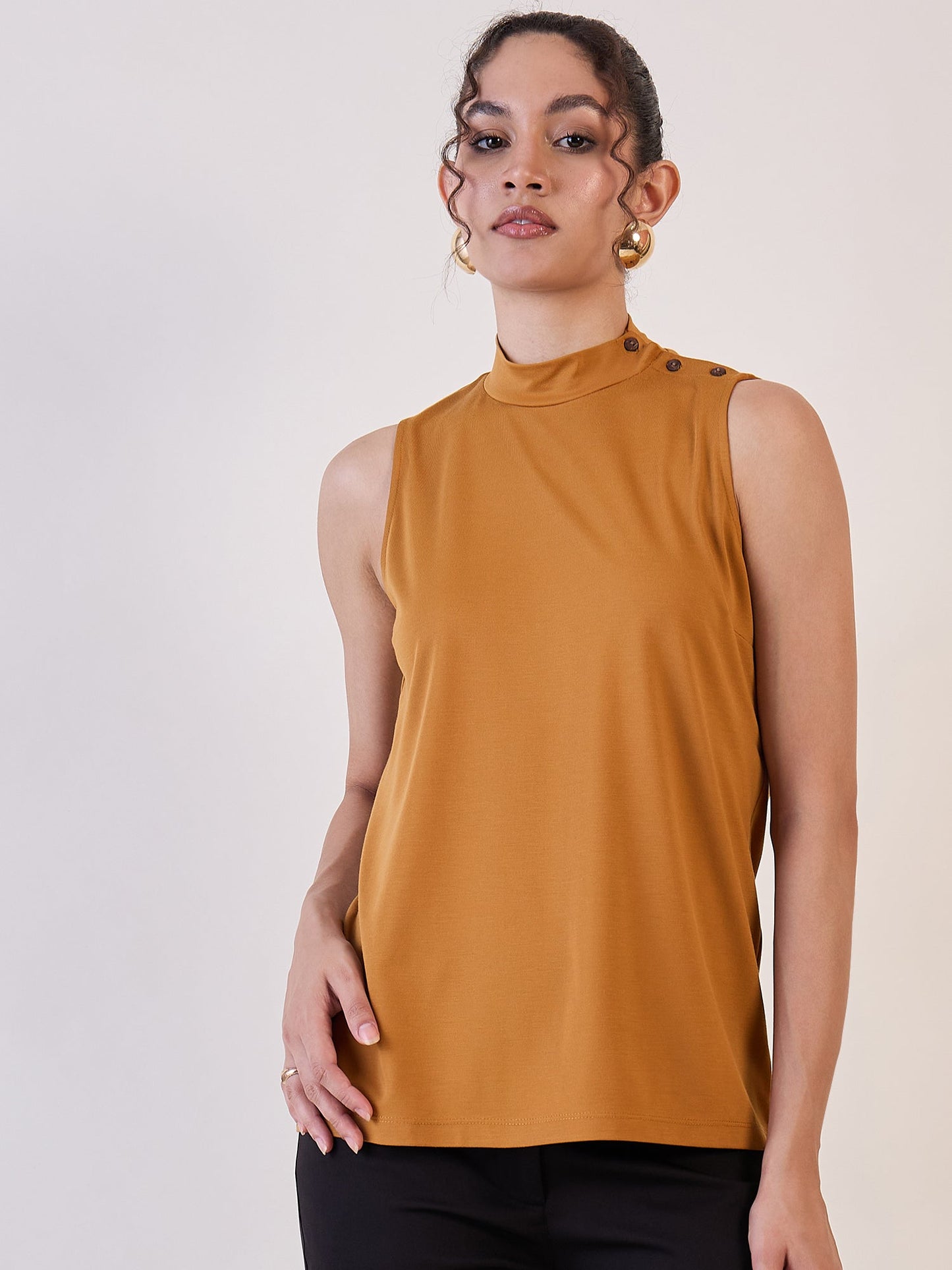 PowerSutra Mustard High Neck Sleeveless Top