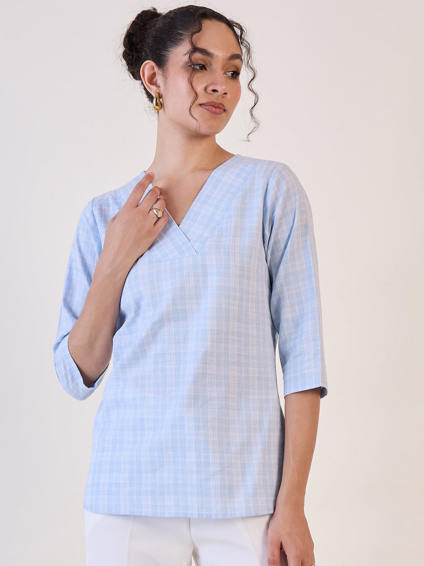 PowerSutra Blue Check V-Neck Top