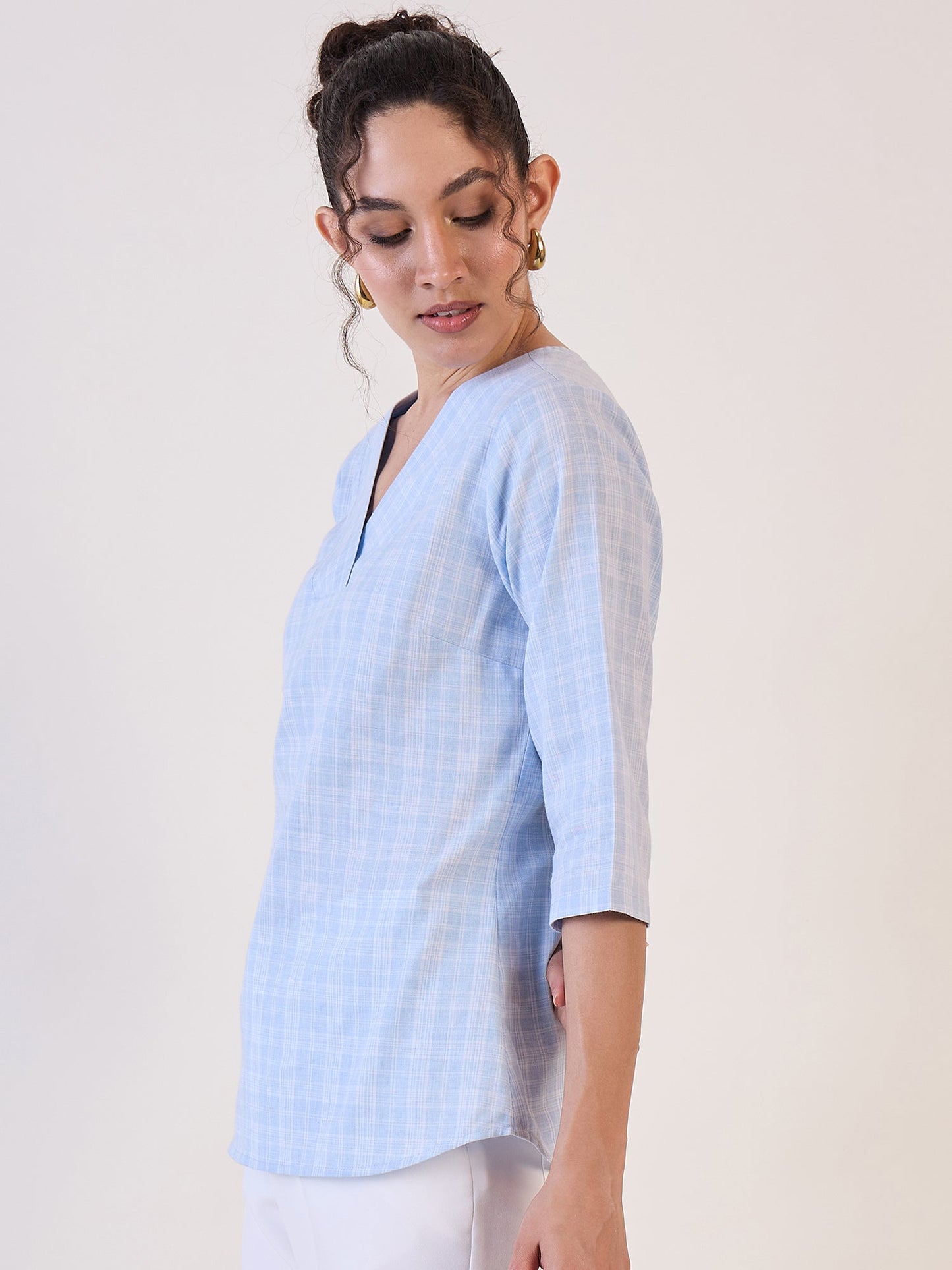 PowerSutra Blue Check V-Neck Top