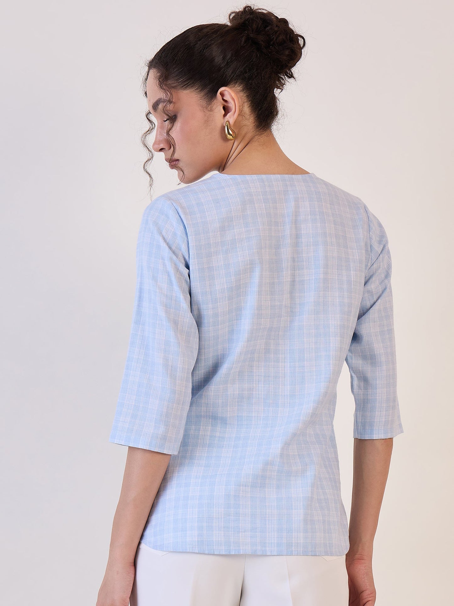 PowerSutra Blue Check V-Neck Top
