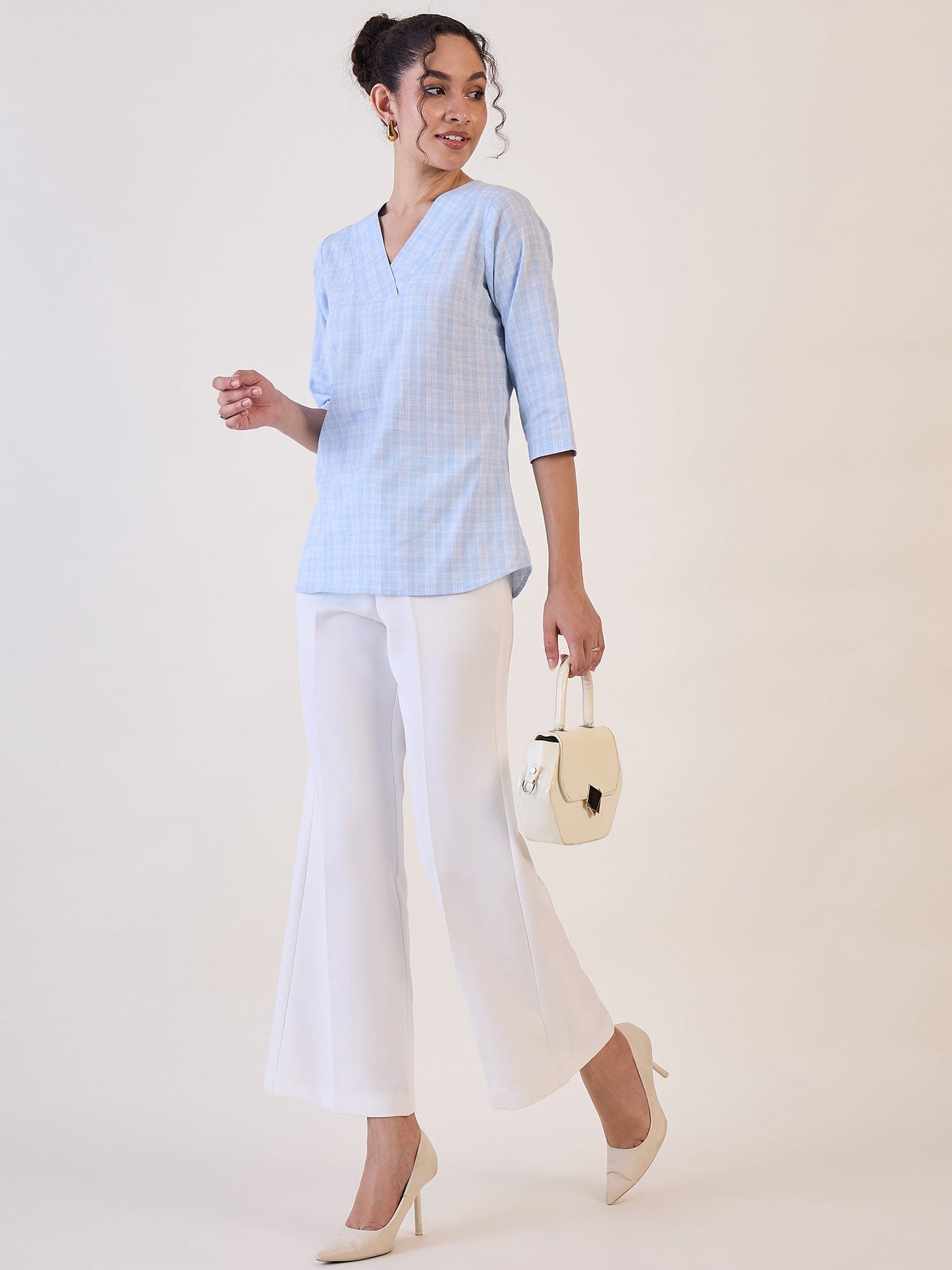 PowerSutra Blue Check V-Neck Top
