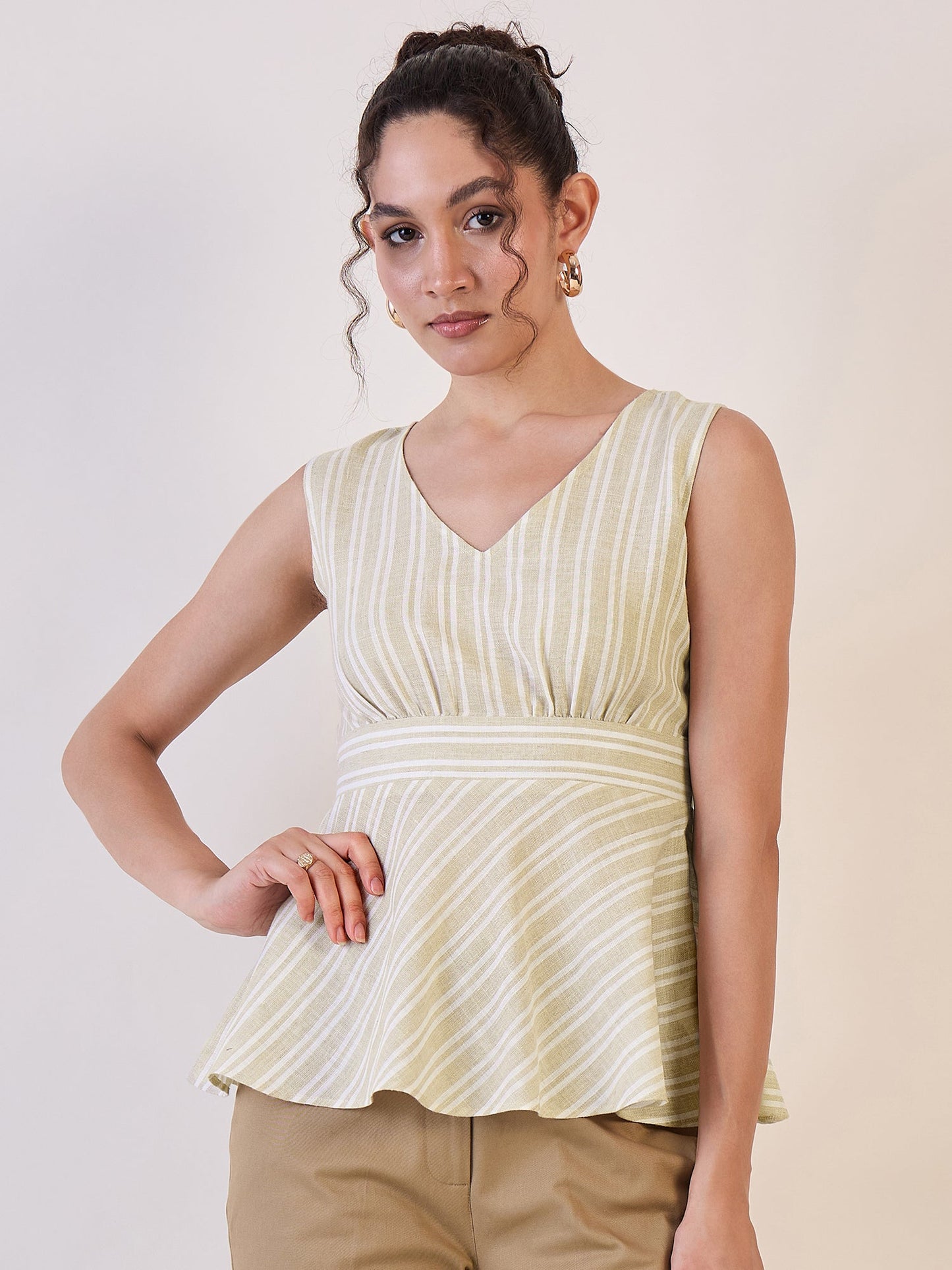 PowerSutra Beige Stripe Sleeveless Peplum Top