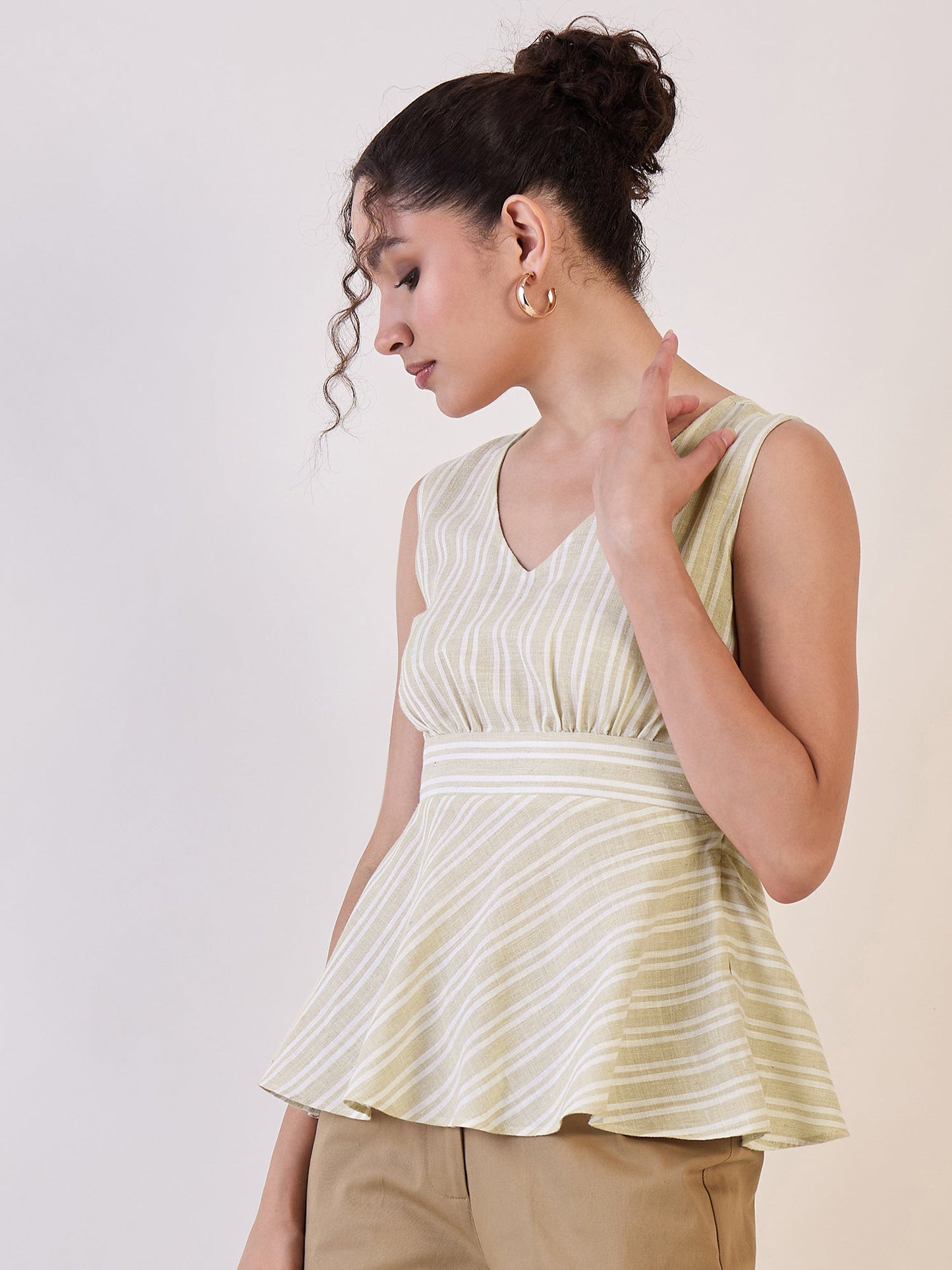 PowerSutra Beige Stripe Sleeveless Peplum Top