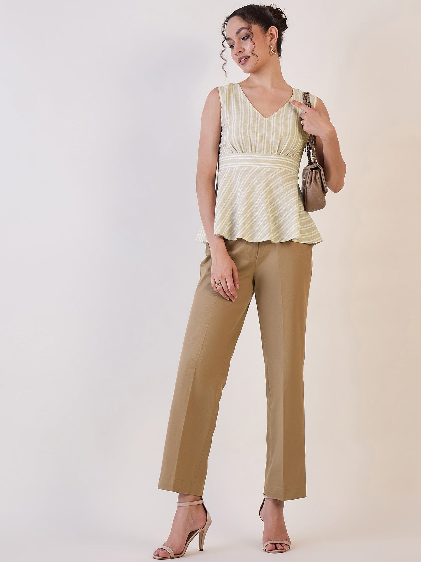 PowerSutra Beige Stripe Sleeveless Peplum Top