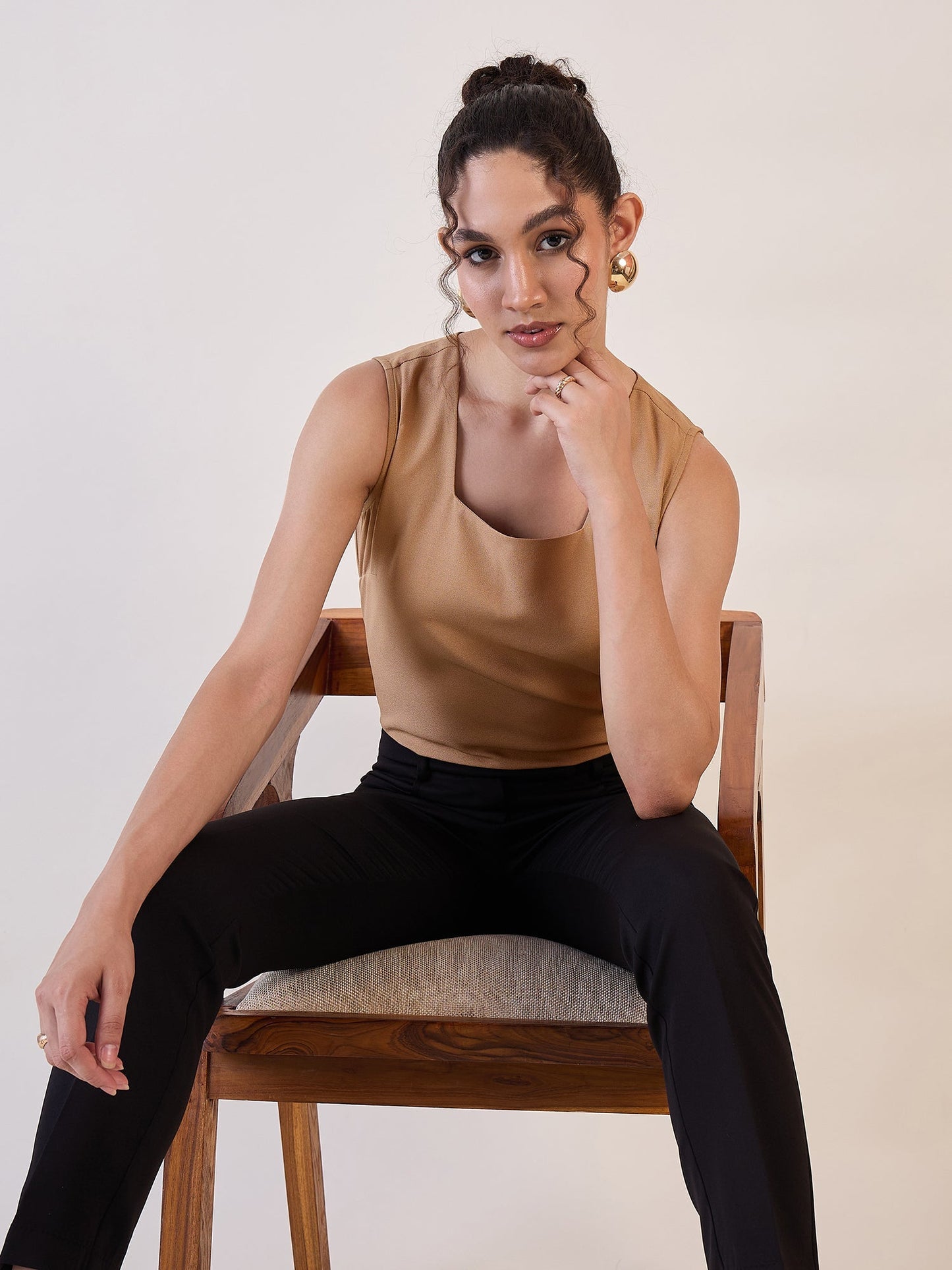 PowerSutra Beige Square Neck Basic Top