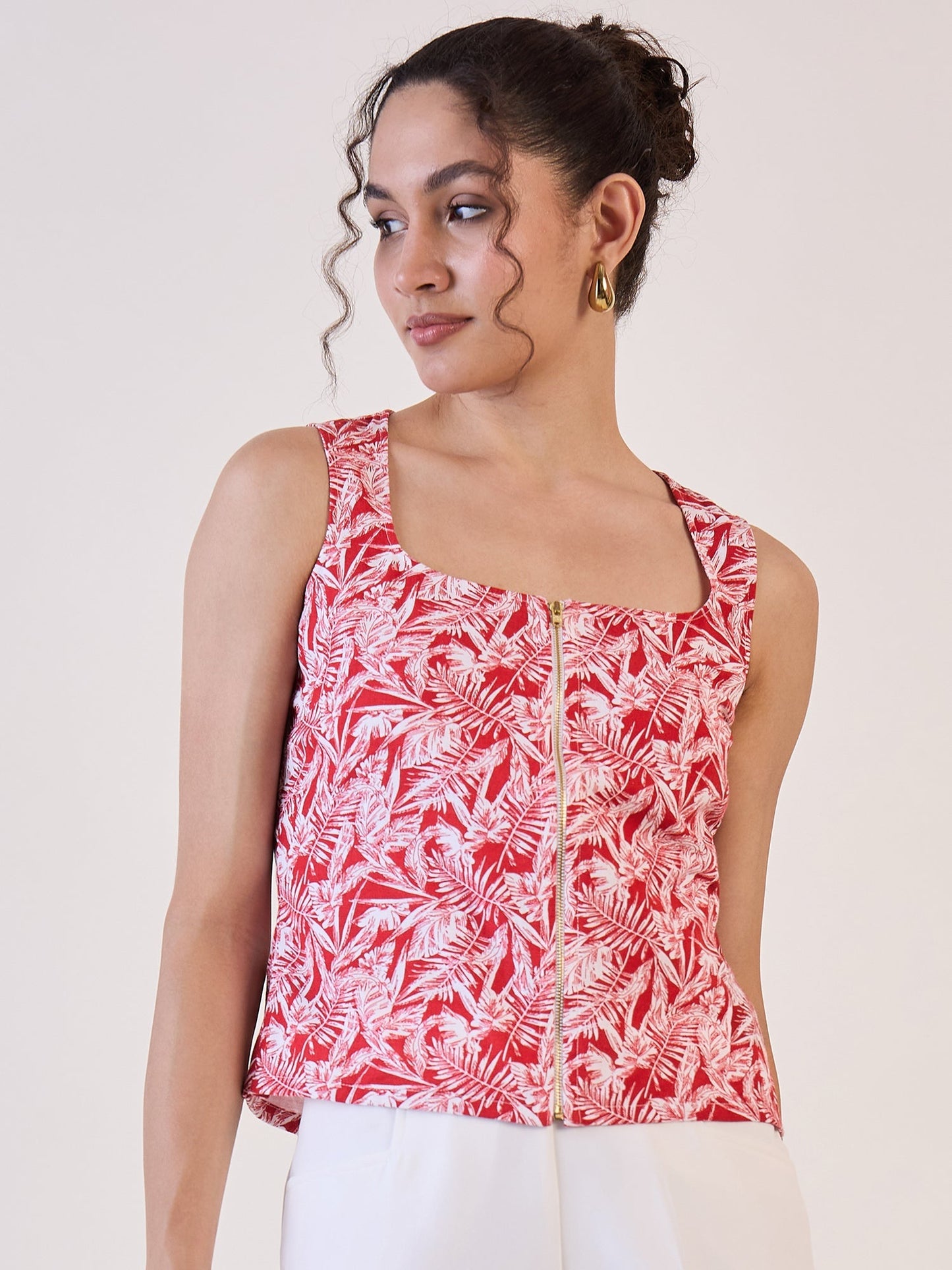 PowerSutra Red Leaf Print Front Zipper top
