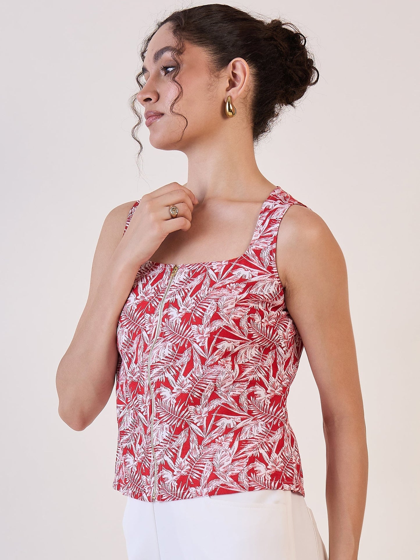 PowerSutra Red Leaf Print Front Zipper top