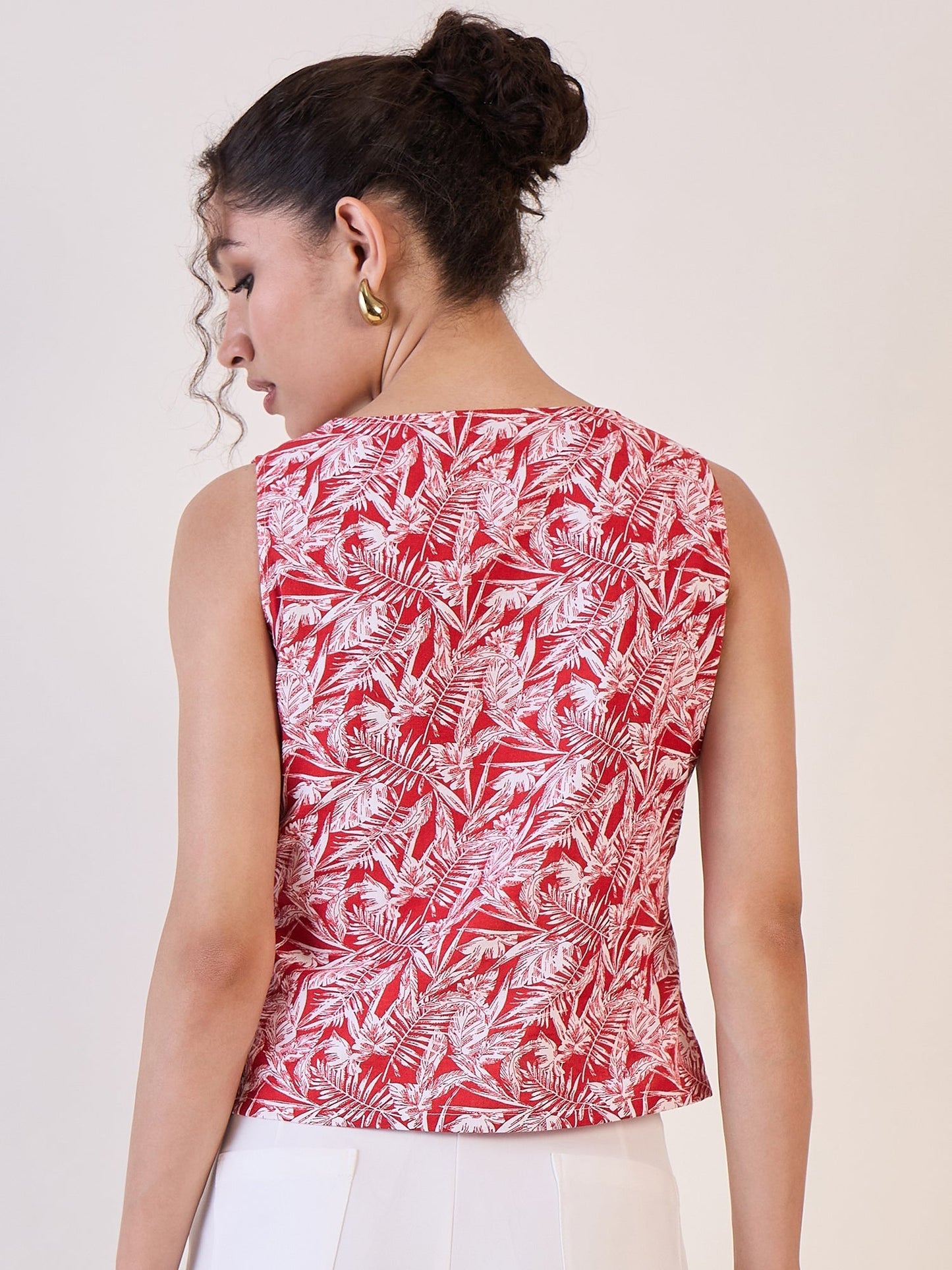 PowerSutra Red Leaf Print Front Zipper top