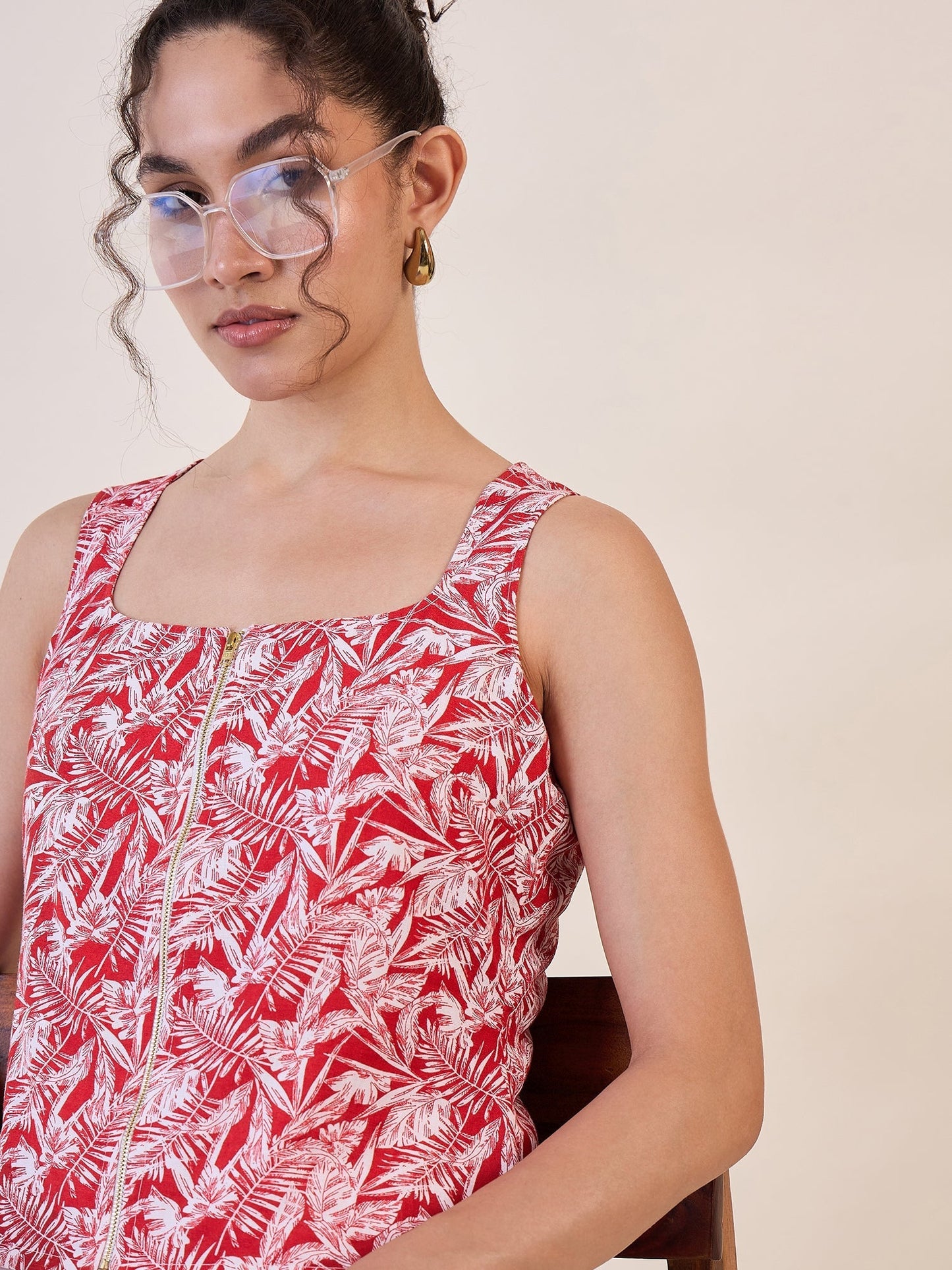 PowerSutra Red Leaf Print Front Zipper top