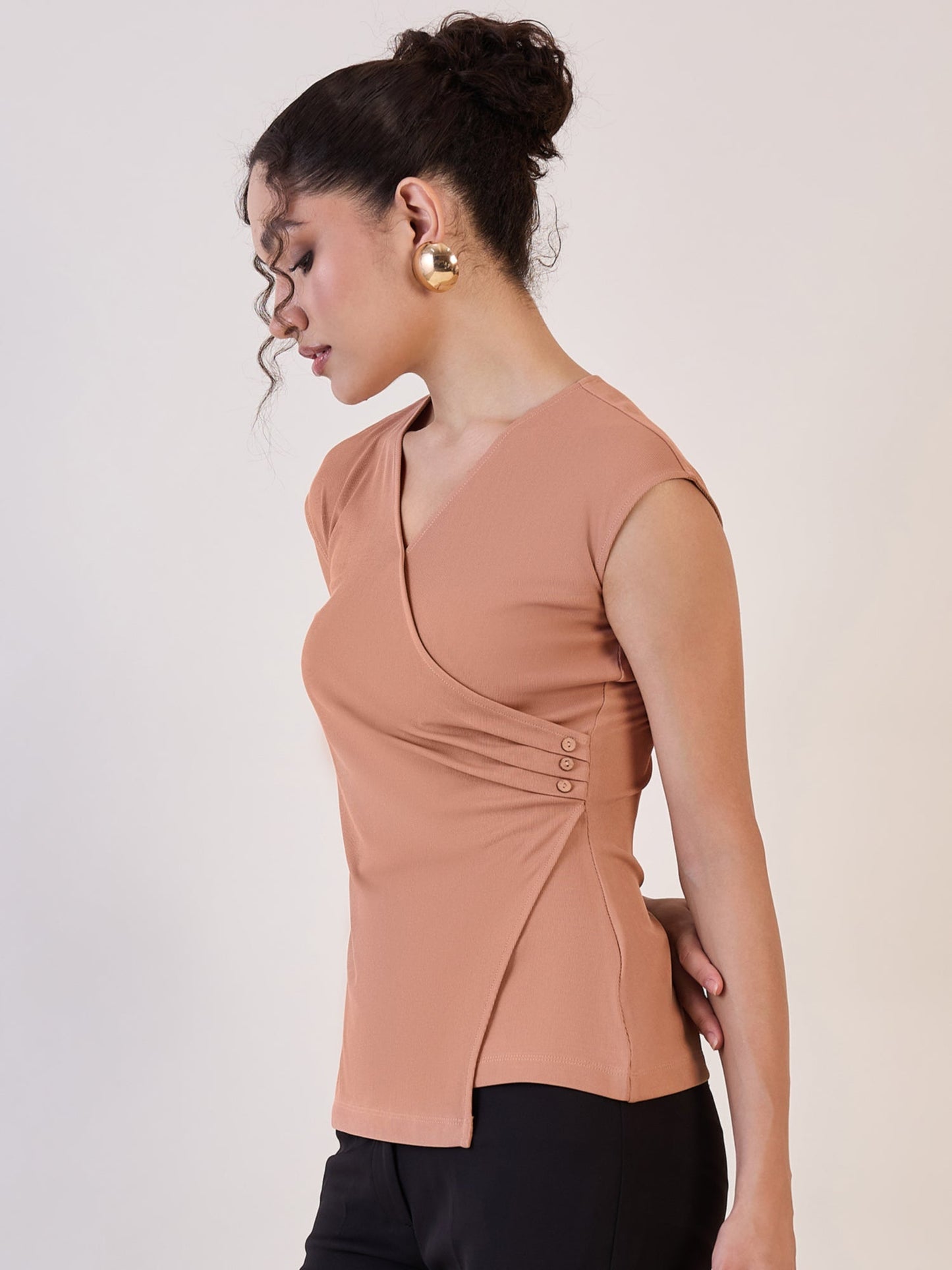 PowerSutra Camel Brown Wrap Knitted Regular Top