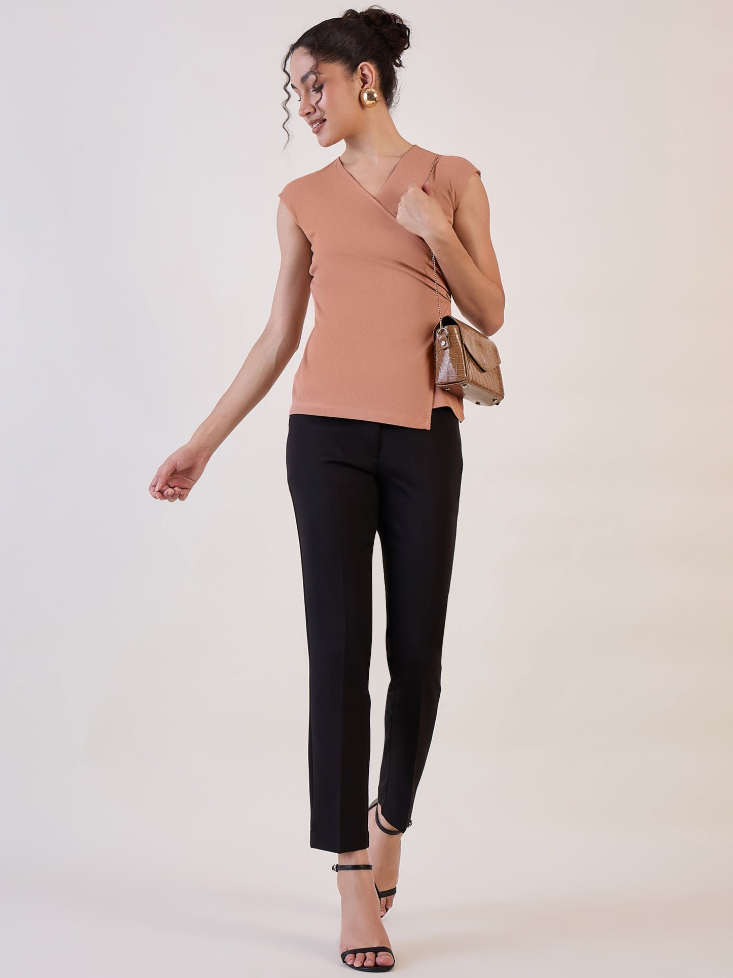 PowerSutra Camel Brown Wrap Knitted Regular Top