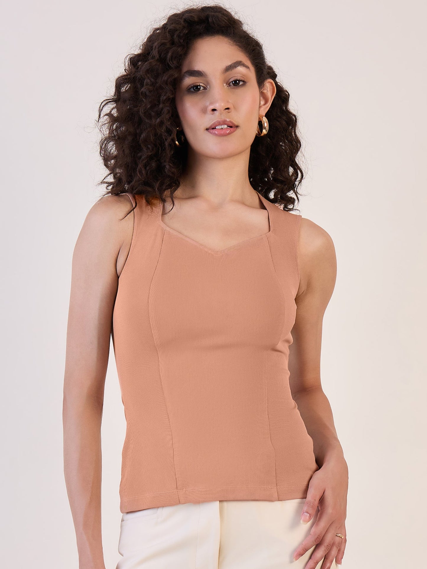 PowerSutra Camel Brown Sweetheart Neck Top