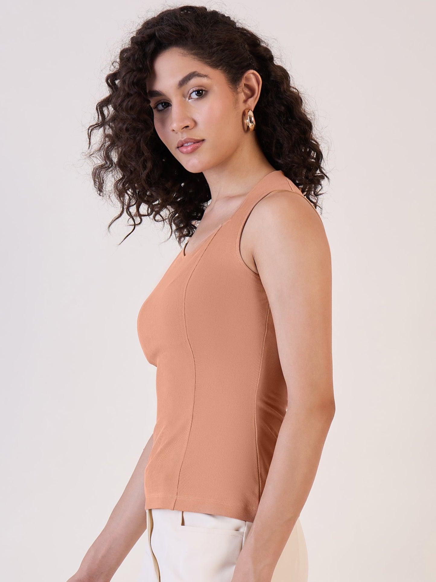 PowerSutra Camel Brown Sweetheart Neck Top