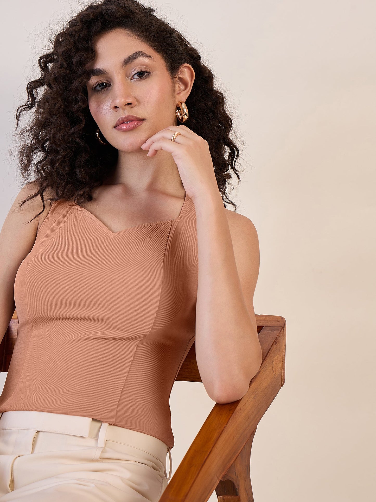 PowerSutra Camel Brown Sweetheart Neck Top