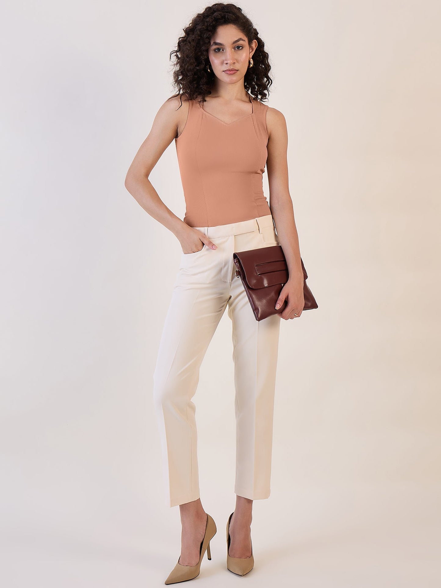PowerSutra Camel Brown Sweetheart Neck Top