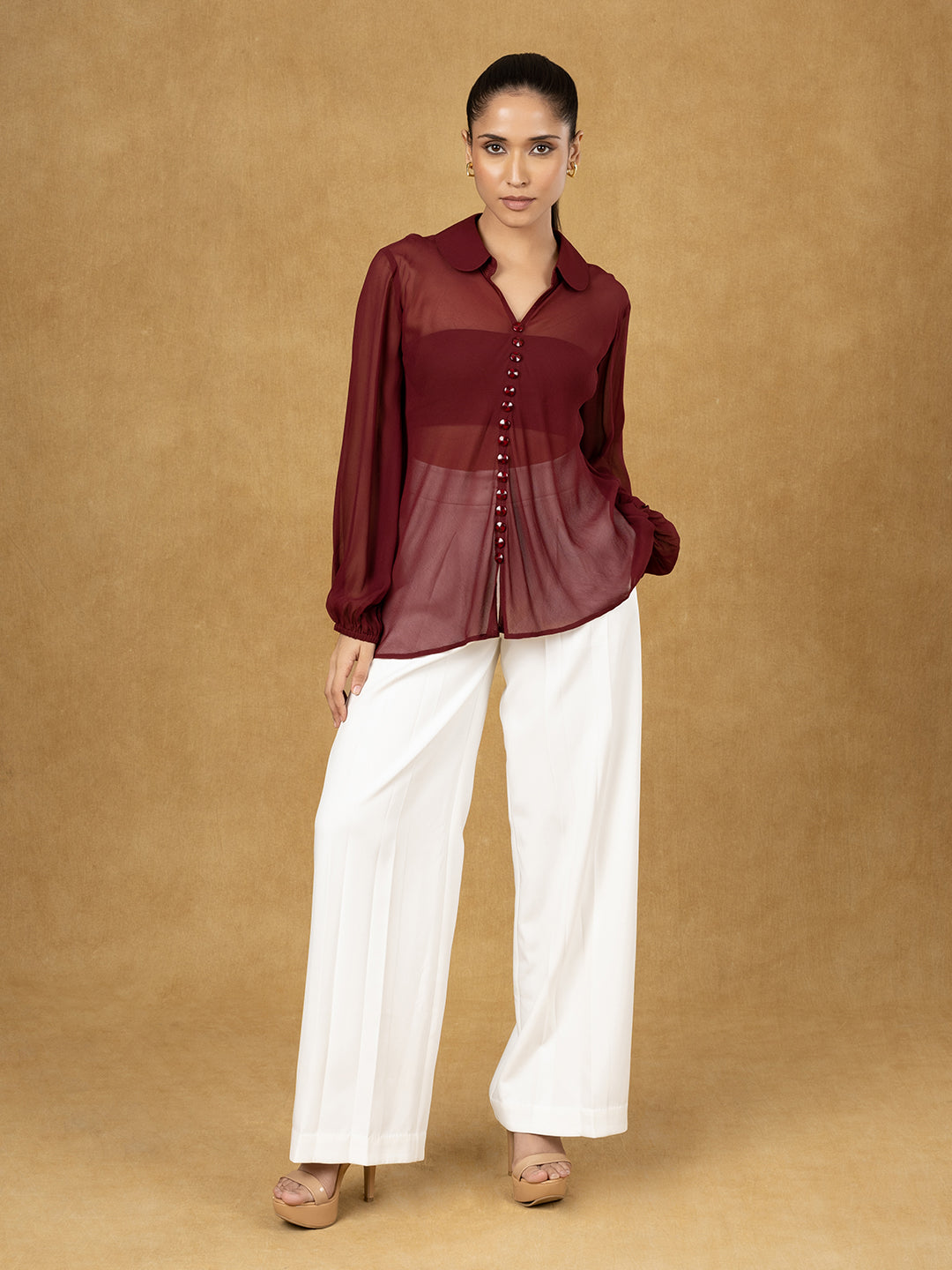 PowerSutra Maroon Solid Button Top