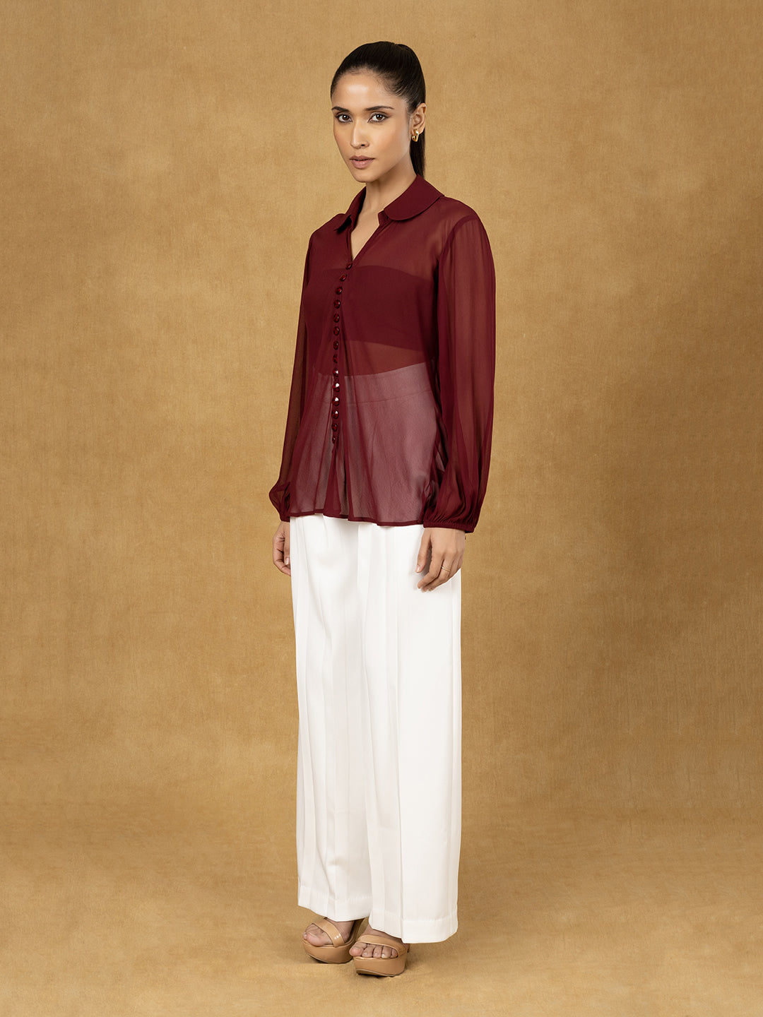 PowerSutra Maroon Solid Button Top