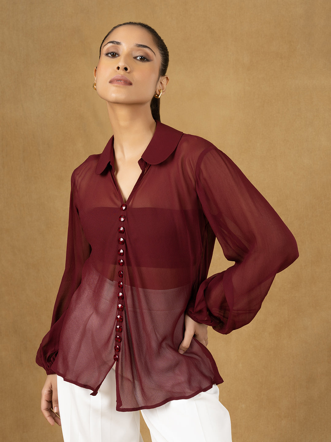 PowerSutra Maroon Solid Button Top