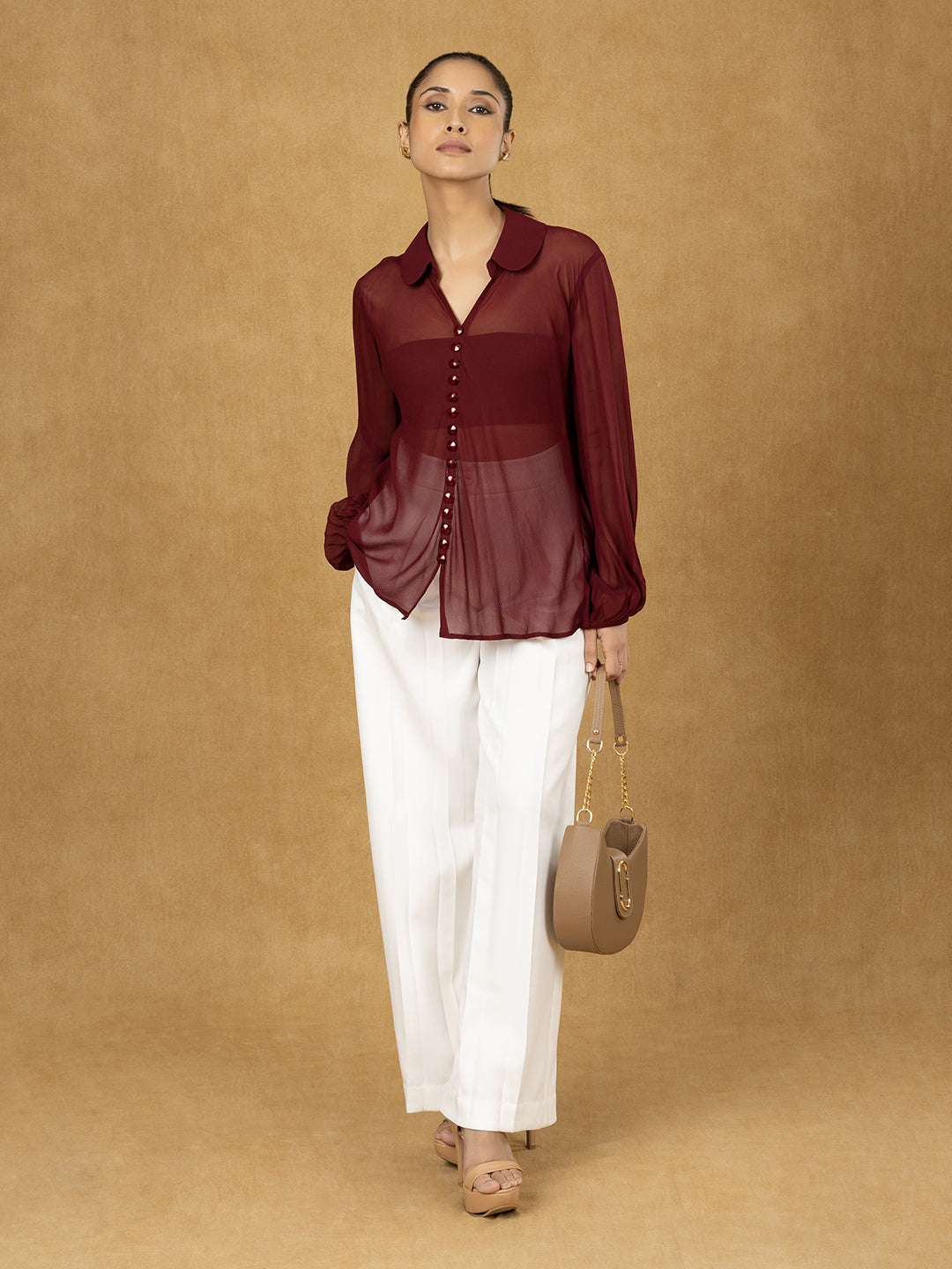 PowerSutra Maroon Solid Button Top