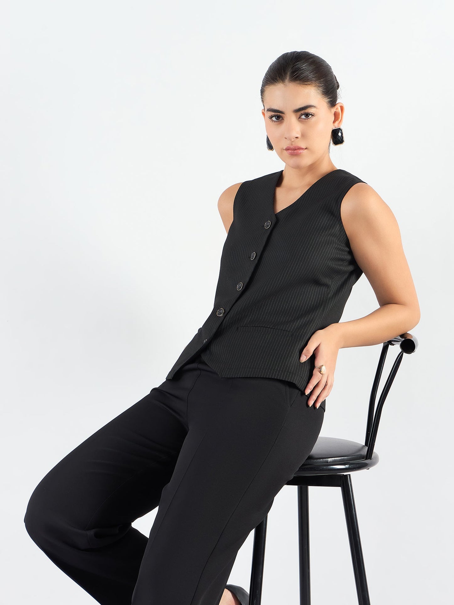 PowerSutra V-Neck Striped Sleeveless Vest Coat