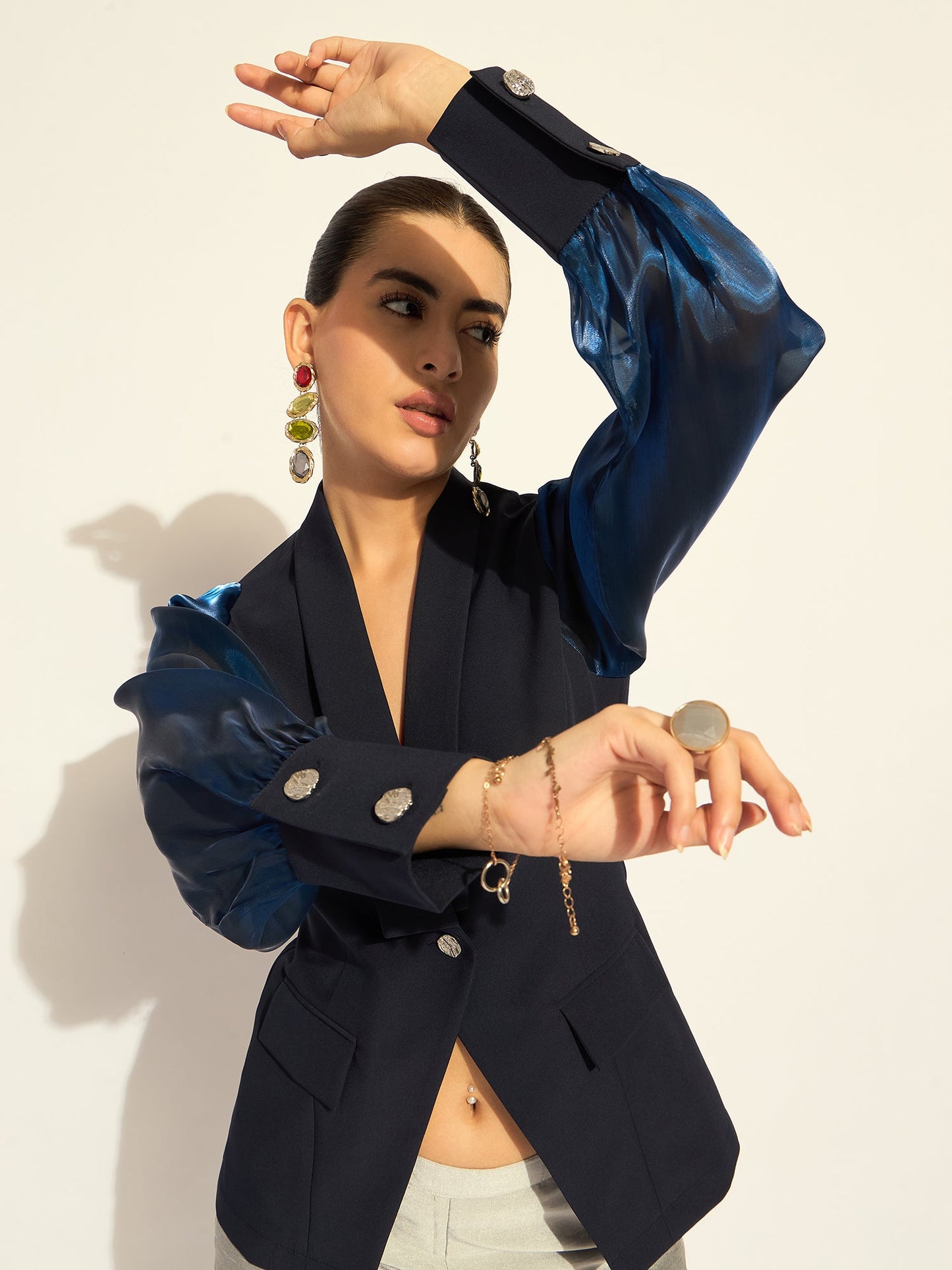 PowerSutra Navy Puffed-Sleeves Split Joint Top In Stretchable Fabric