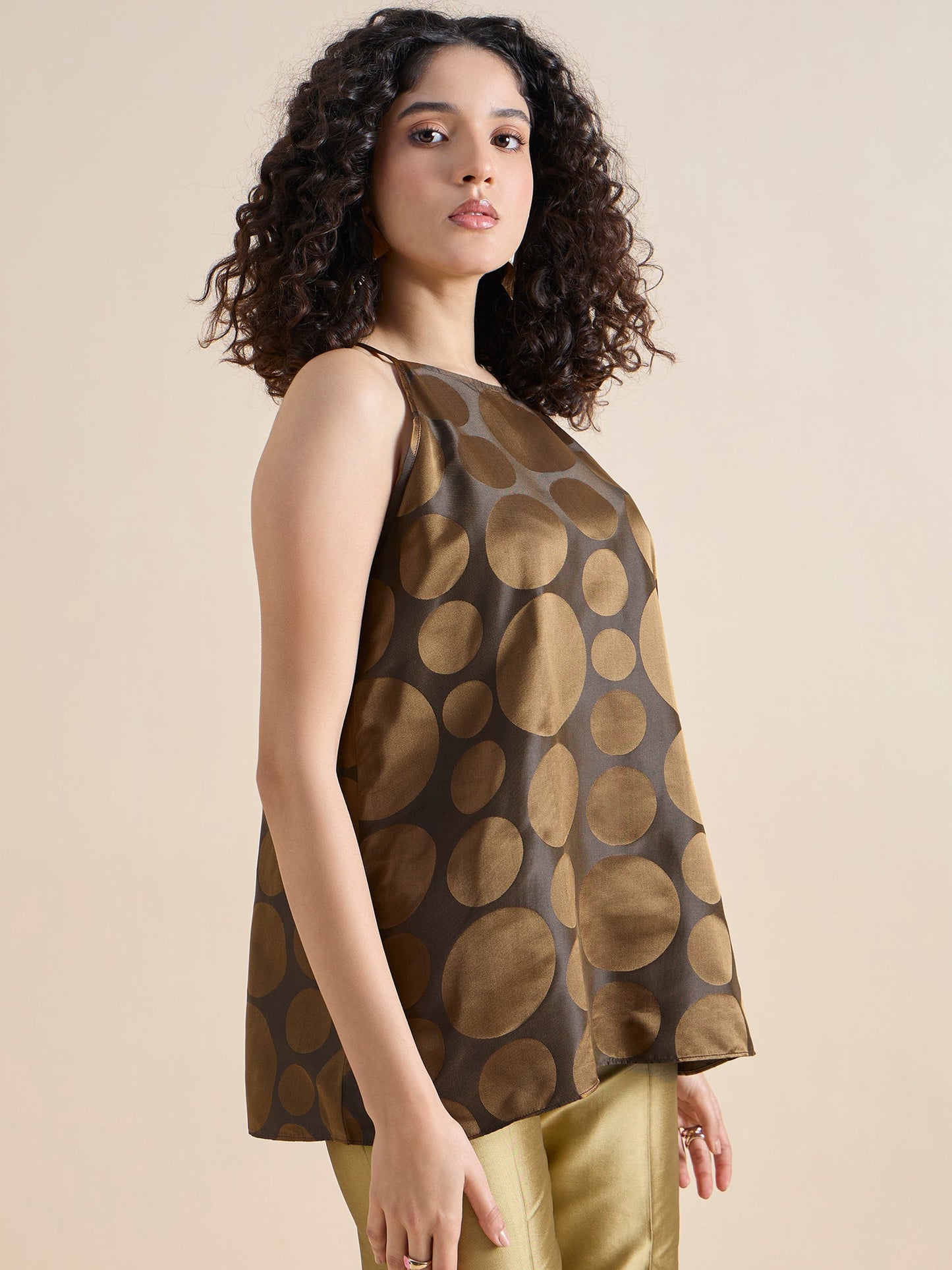 PowerSutra Copper-brown polka Dot pure silk halter neck top