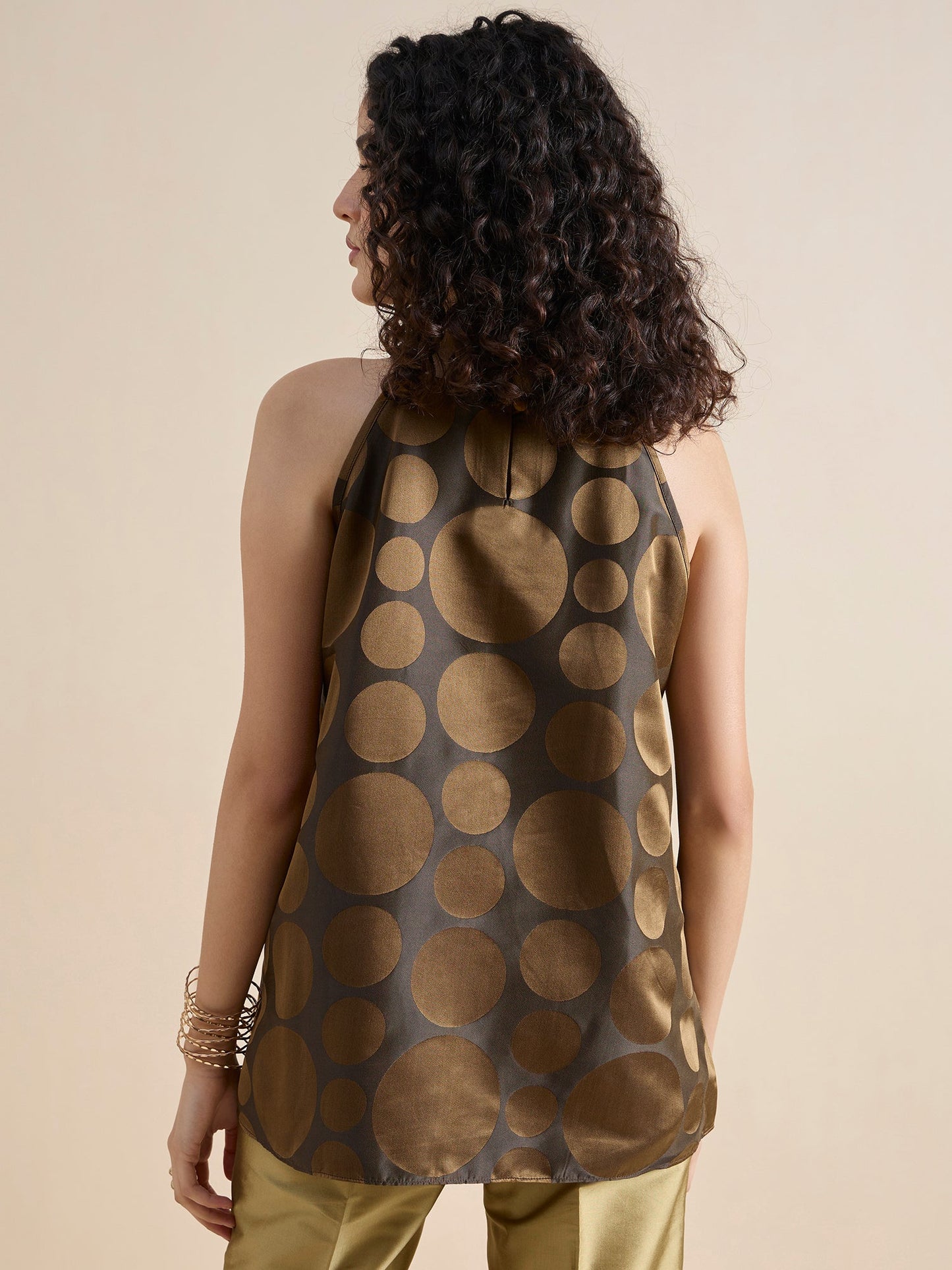 PowerSutra Copper-brown polka Dot pure silk halter neck top