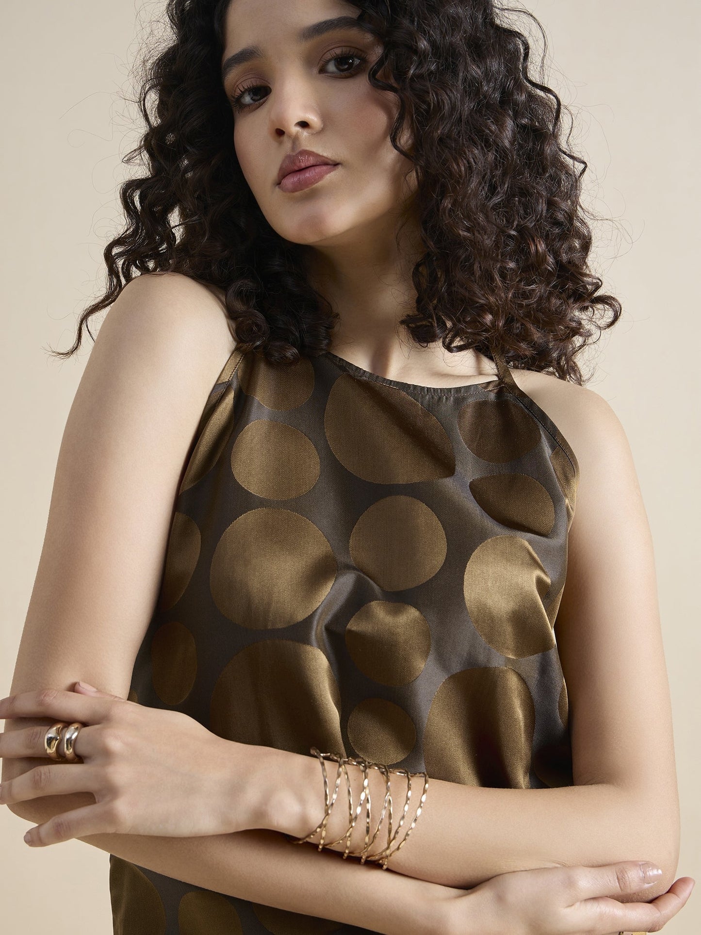 PowerSutra Copper-brown polka Dot pure silk halter neck top