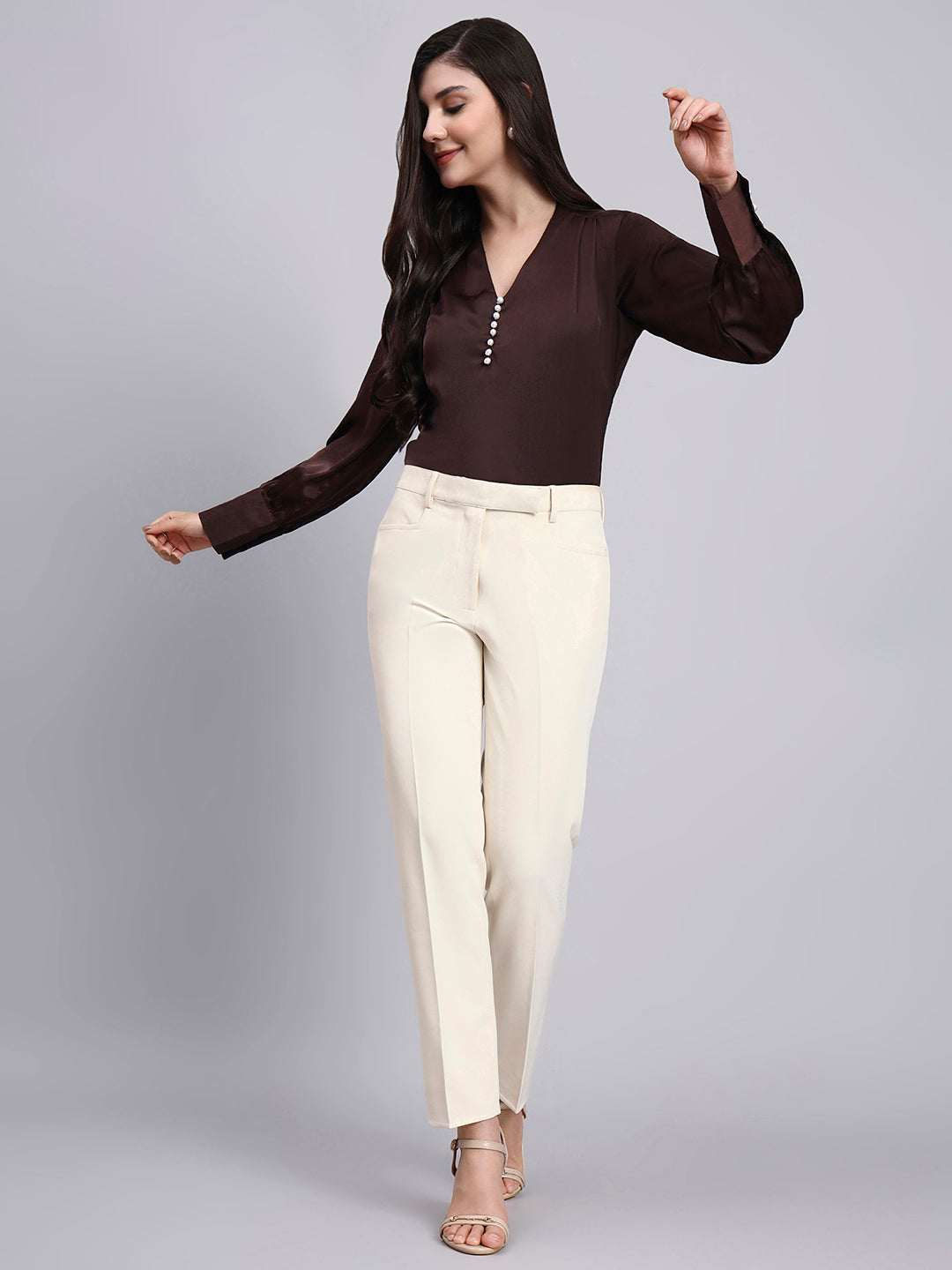 Powersutra Women Premium Chocolate High-Neck Satin Top With Pearl Detailing
