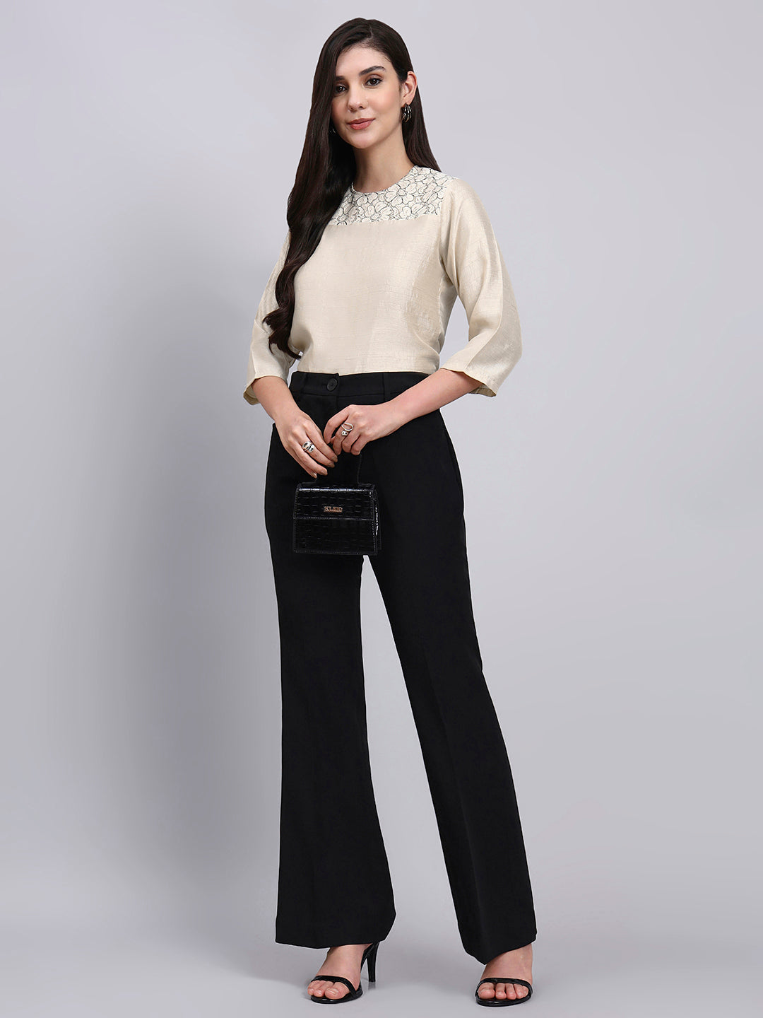 Powersutra Women Modern Floral Embroidery 3/4Th Sleeve Top