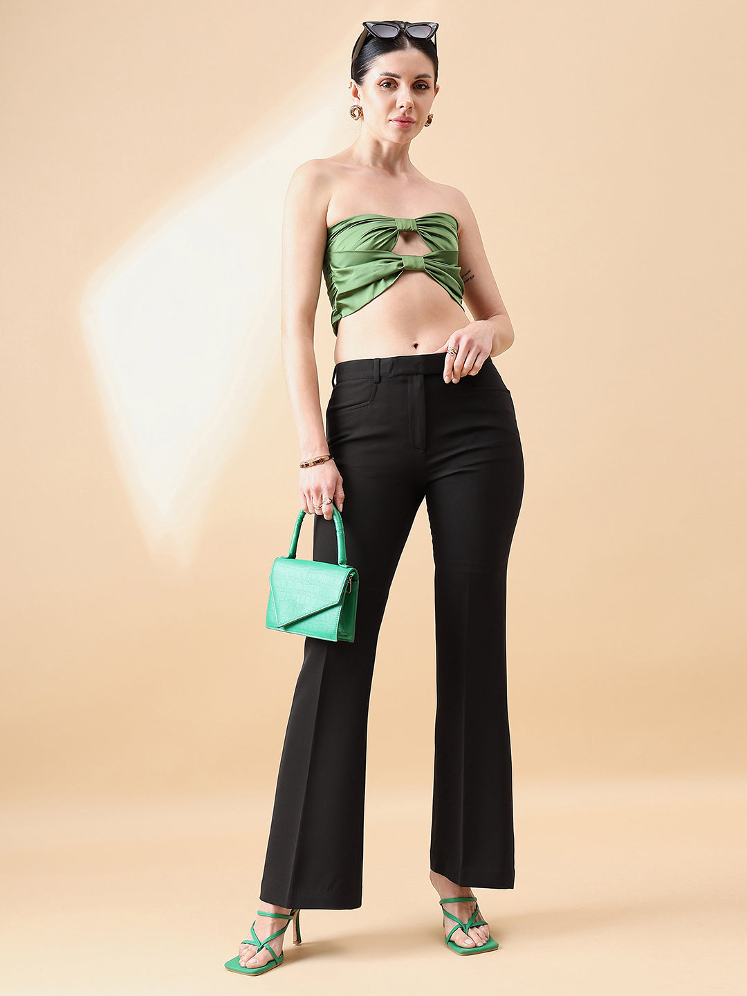 PowerSutra Bell Bottom Mid Waist Stretch Trouser - BLACK