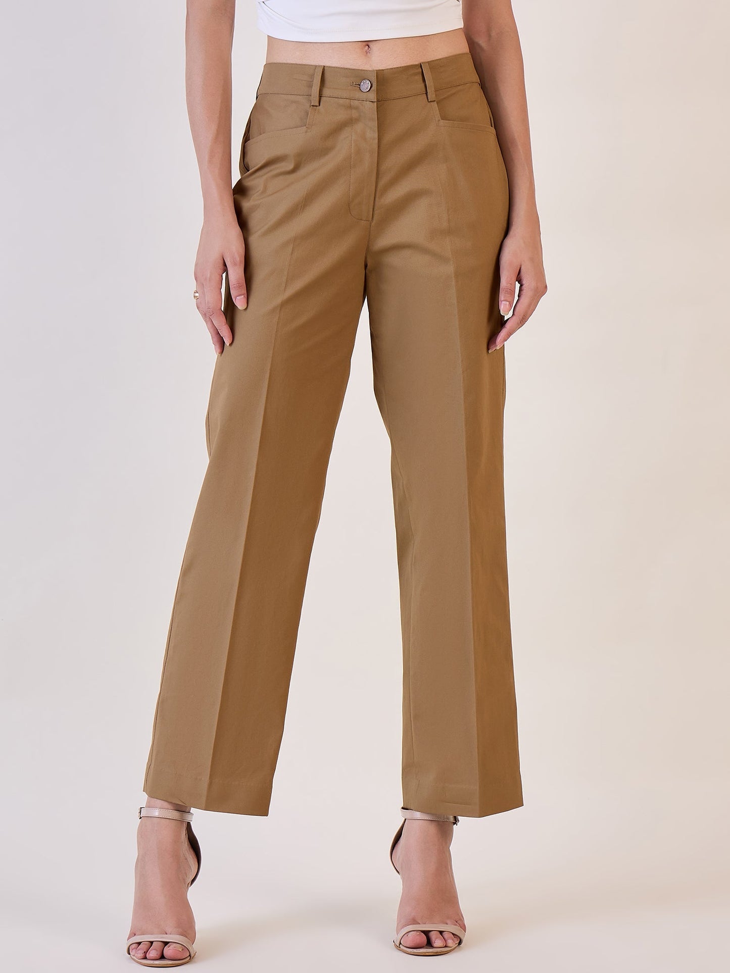 PowerSutra Brown Straight Fit Mid Waist Trouser