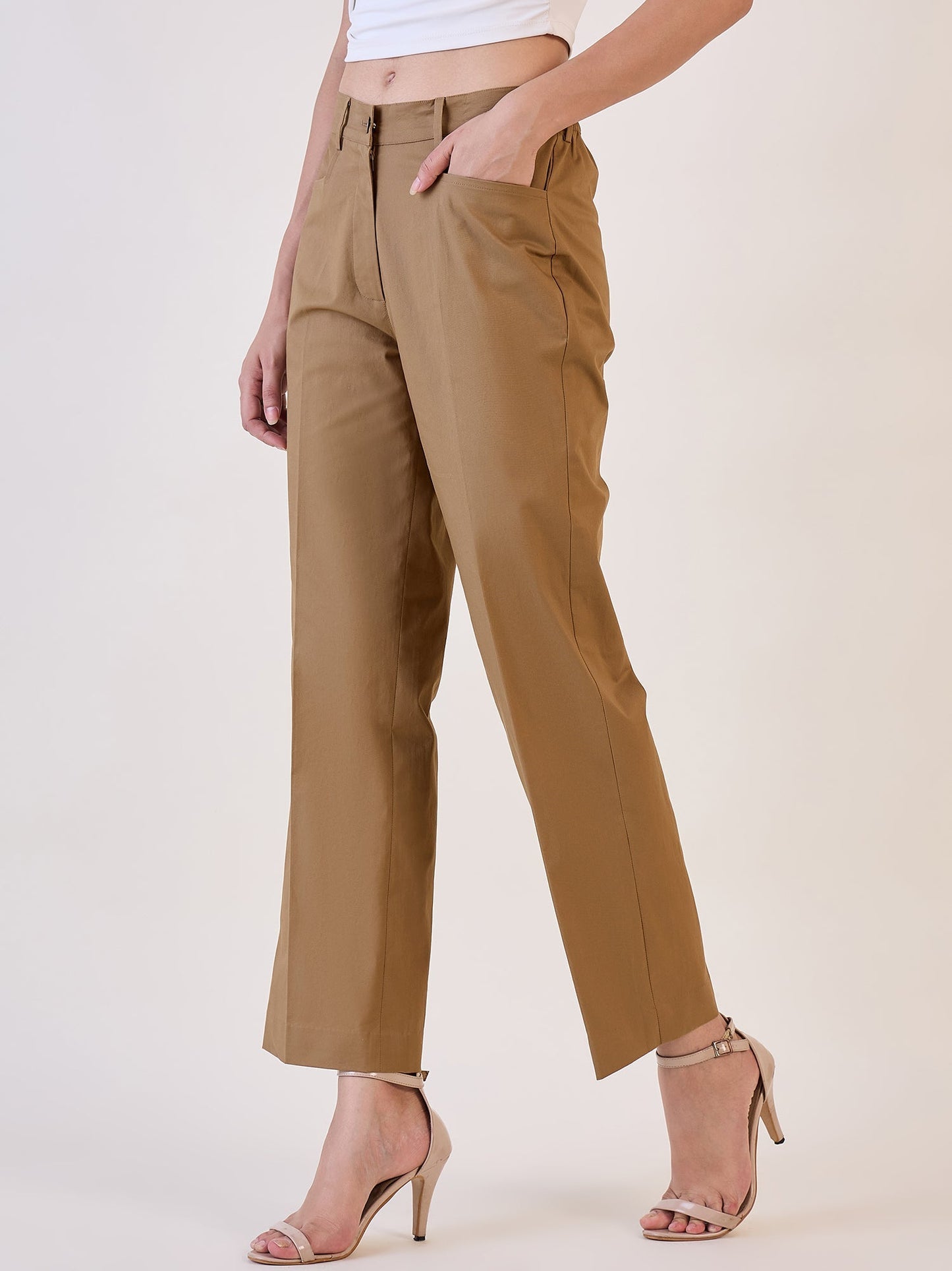 PowerSutra Brown Straight Fit Mid Waist Trouser