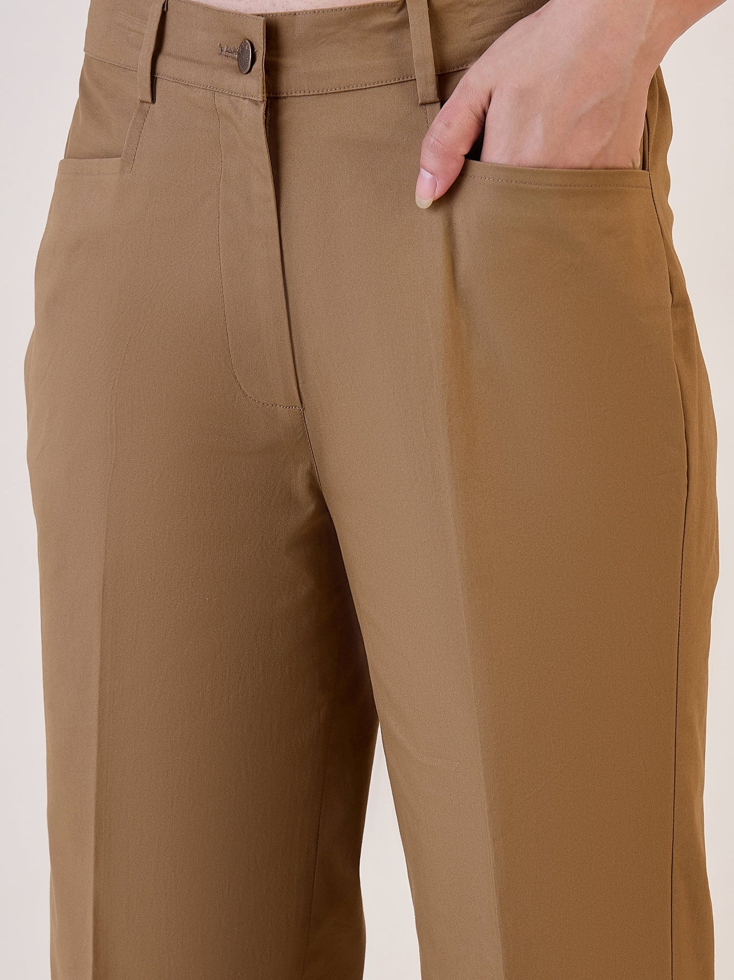 PowerSutra Brown Straight Fit Mid Waist Trouser