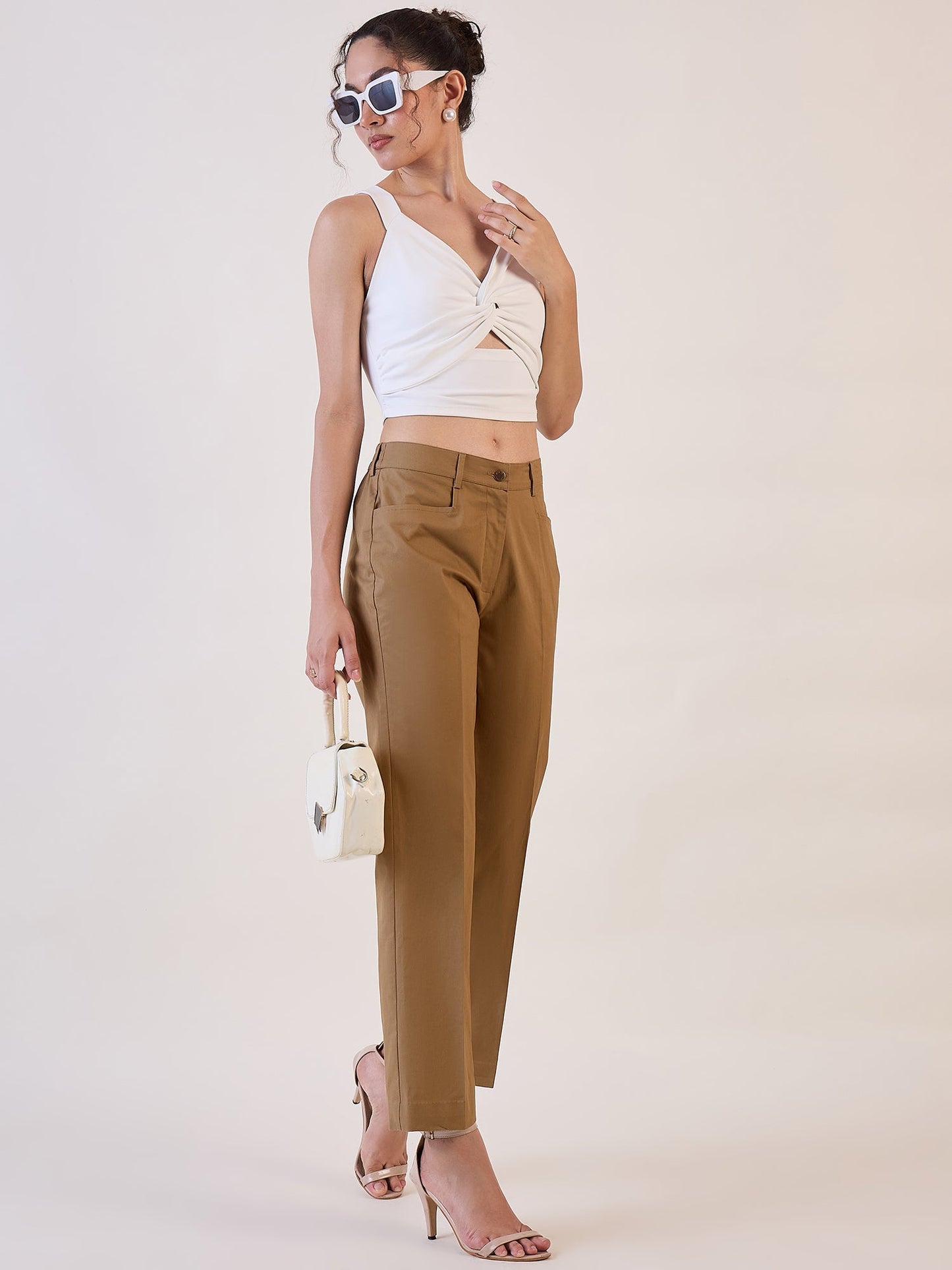 PowerSutra Brown Straight Fit Mid Waist Trouser