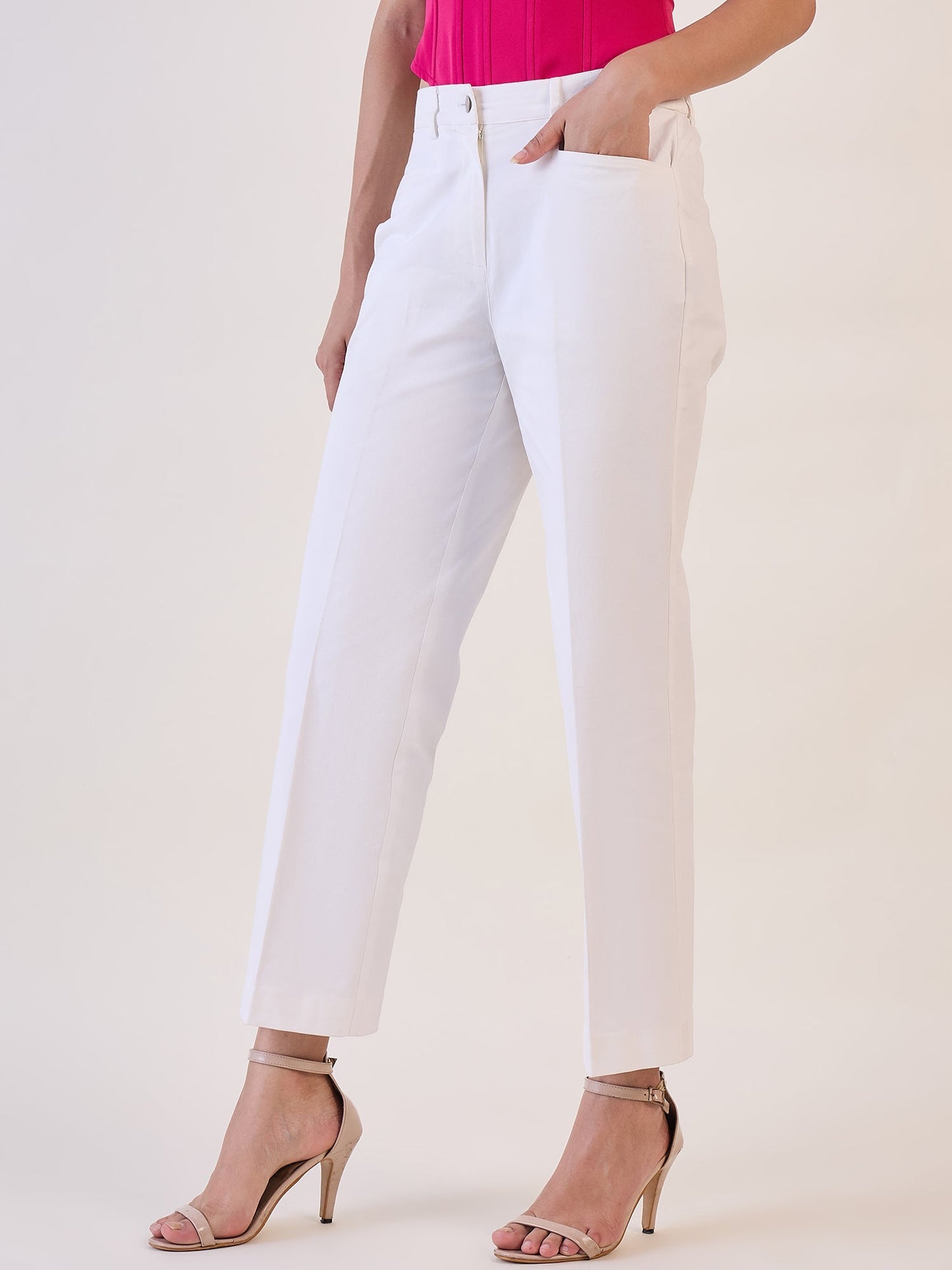 PowerSutra White Straight Fit Mid Waist Trouser