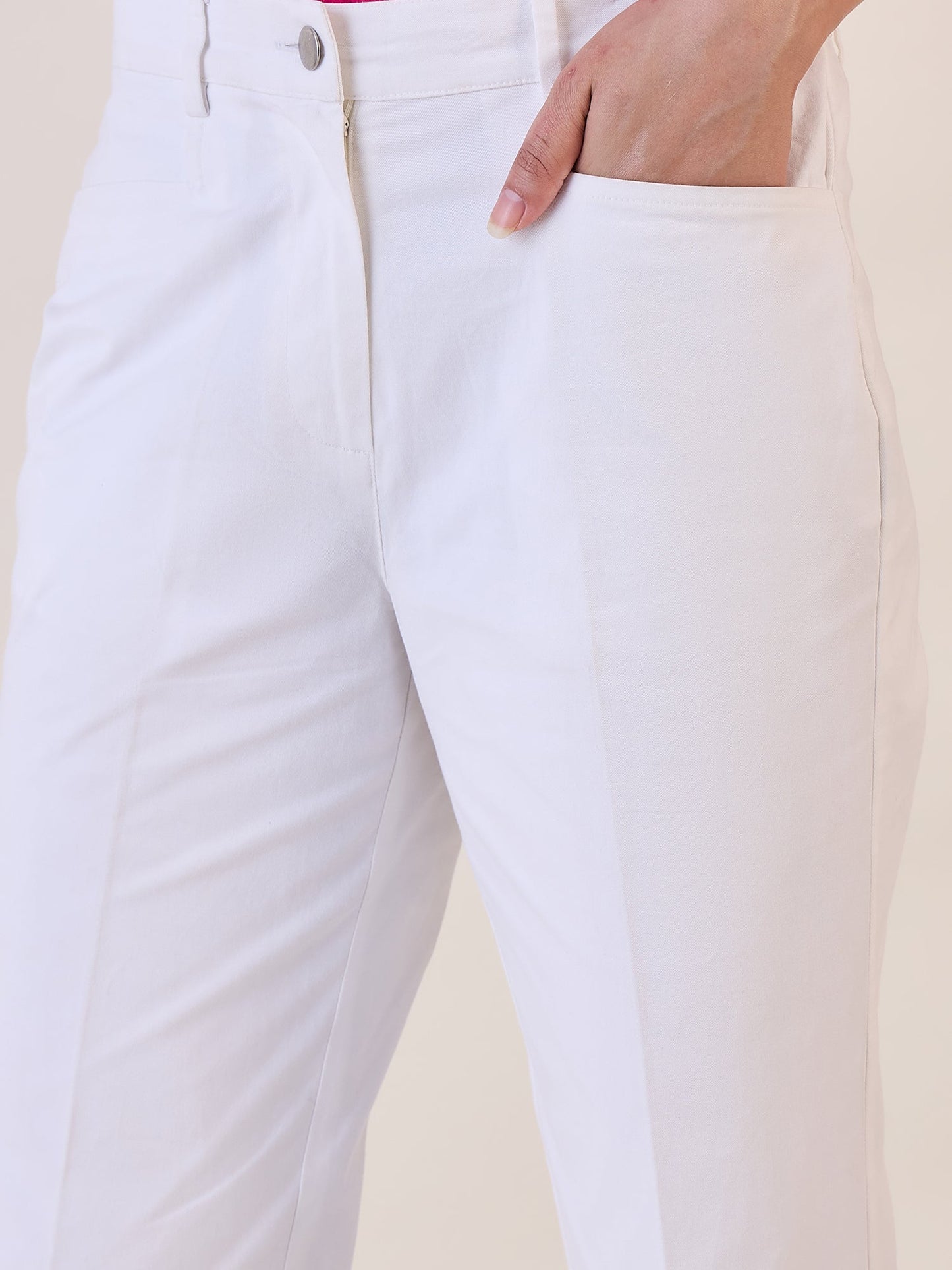 PowerSutra White Straight Fit Mid Waist Trouser