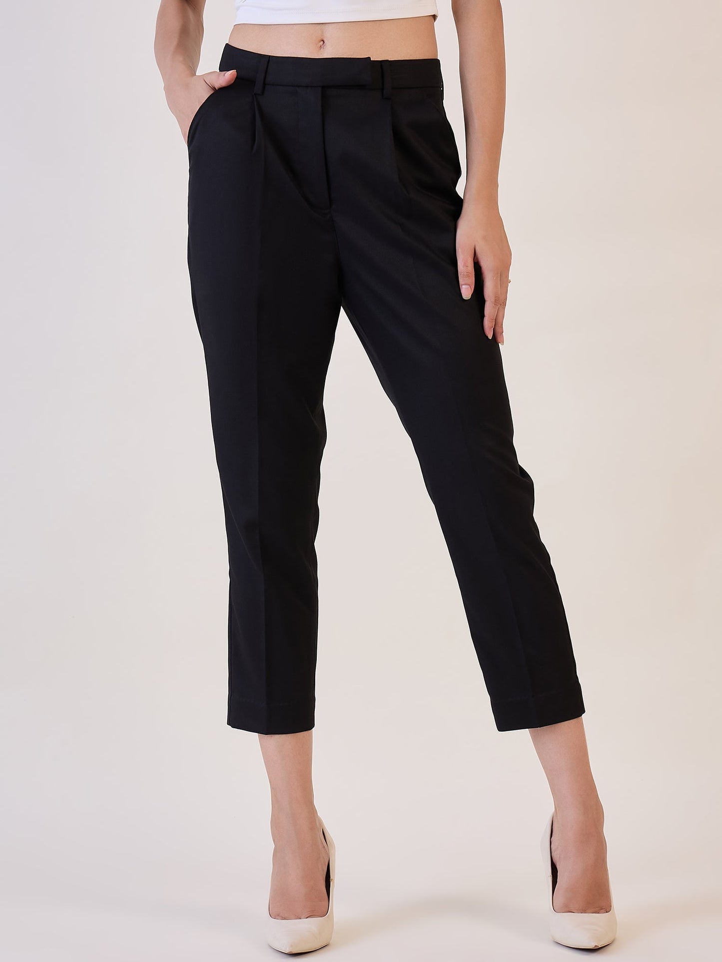 PowerSutra Black Pleated High Waist Above Ankle length Trouser